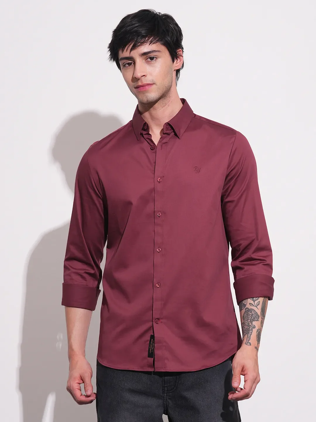 Wine Slim Fit Regular Collar Men's Shirt by Being Human Clothing