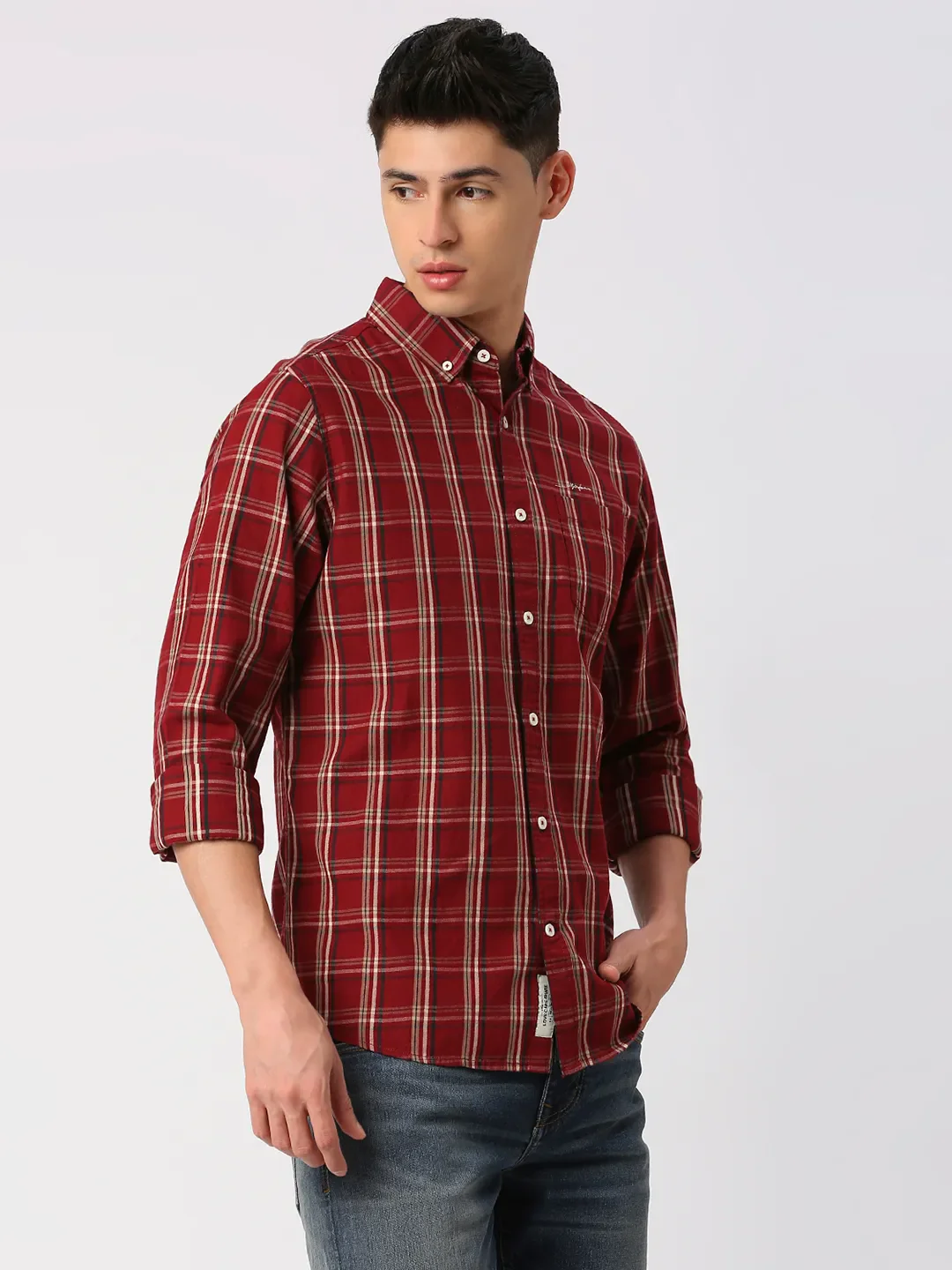 Red Slim Straight Fit Regular Collar Long Sleeves Men's Shirt by Being Human Clothing - Image 3