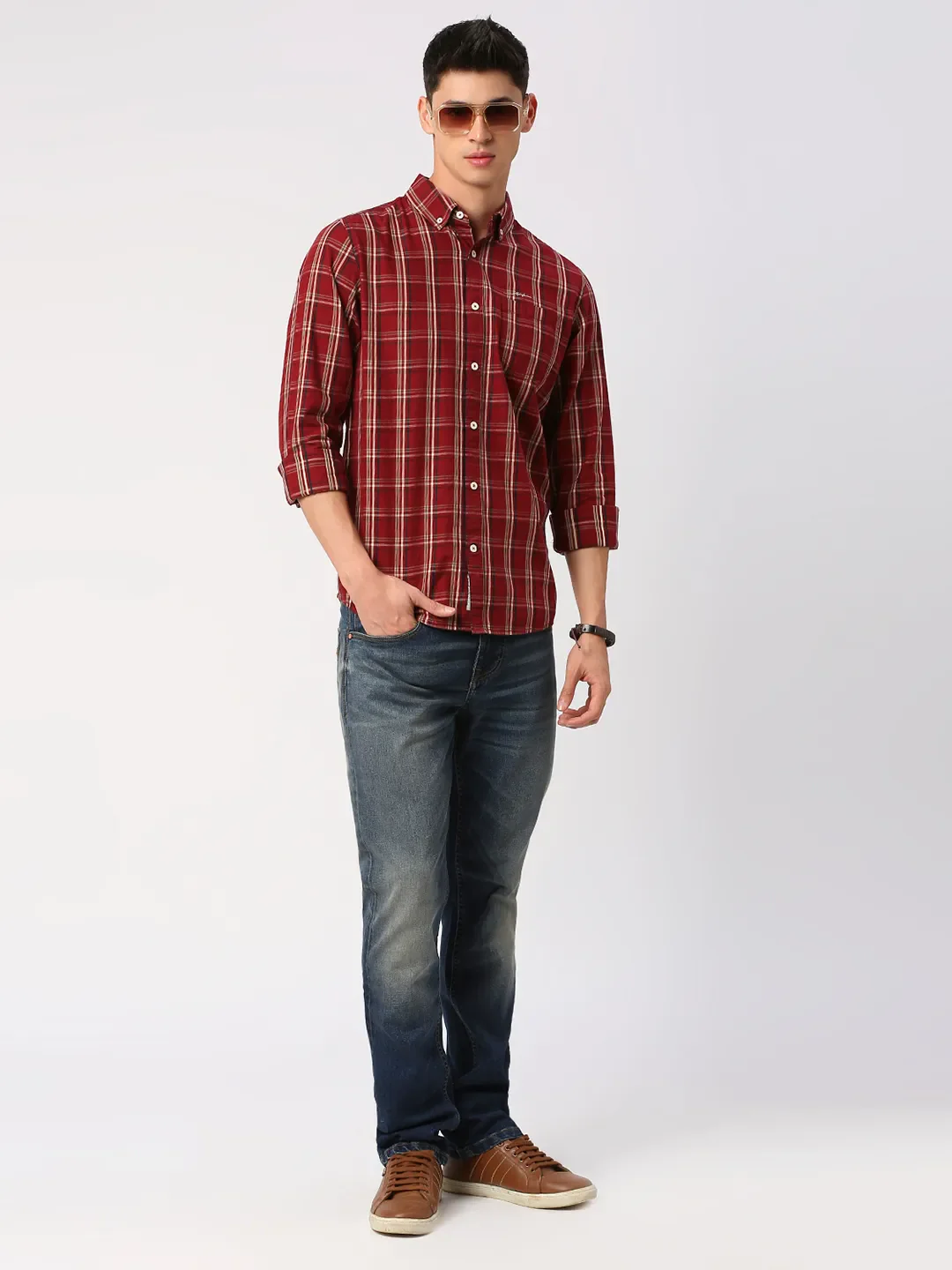 Red Slim Straight Fit Regular Collar Long Sleeves Men's Shirt by Being Human Clothing - Image 6