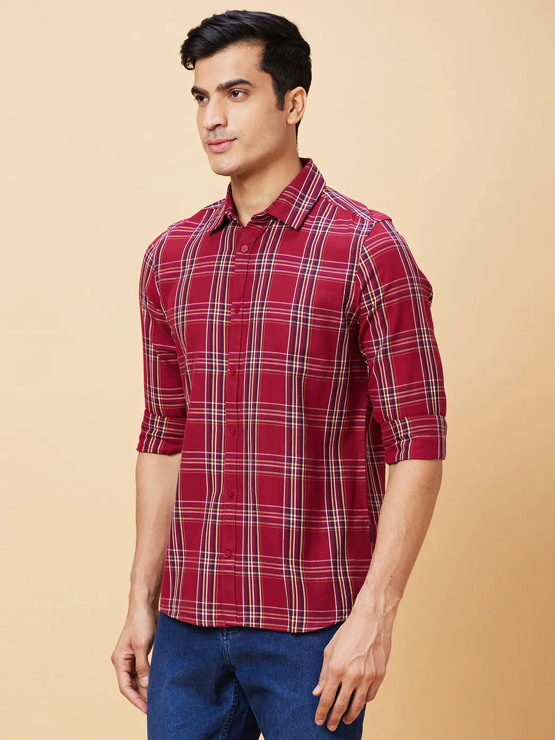 Red Slim Straight Fit Regular Collar Long Sleeves Men's Shirt by Being Human Clothing - Image 3