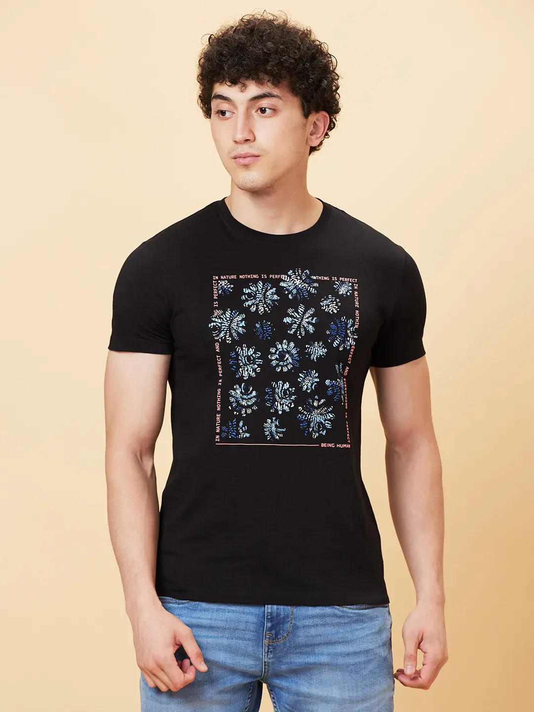 Black Slim Fit Round Neck Men's T-Shirt by Being Human Clothing
