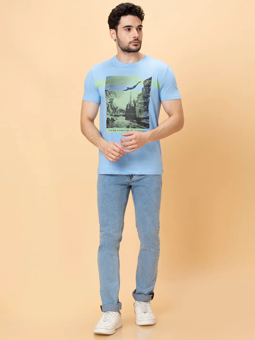 Light Blue Slim Fit Round Neck Men's T-Shirt by Being Human Clothing