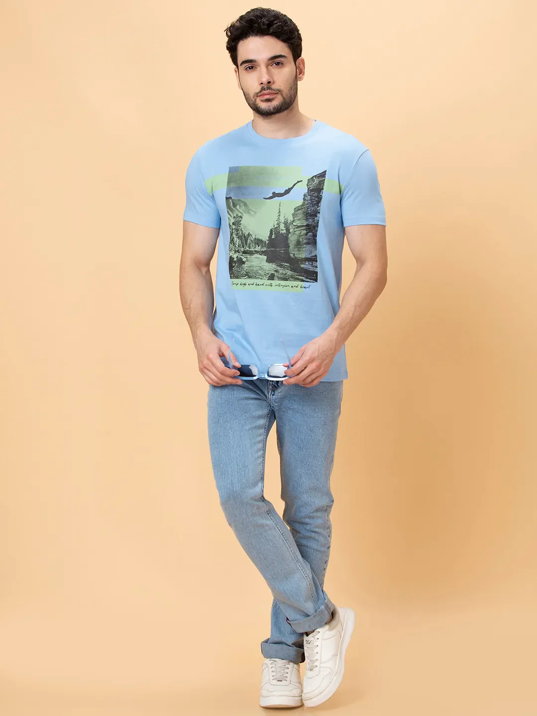 Light Blue Slim Fit Round Neck Men's T-Shirt by Being Human Clothing - Image 5