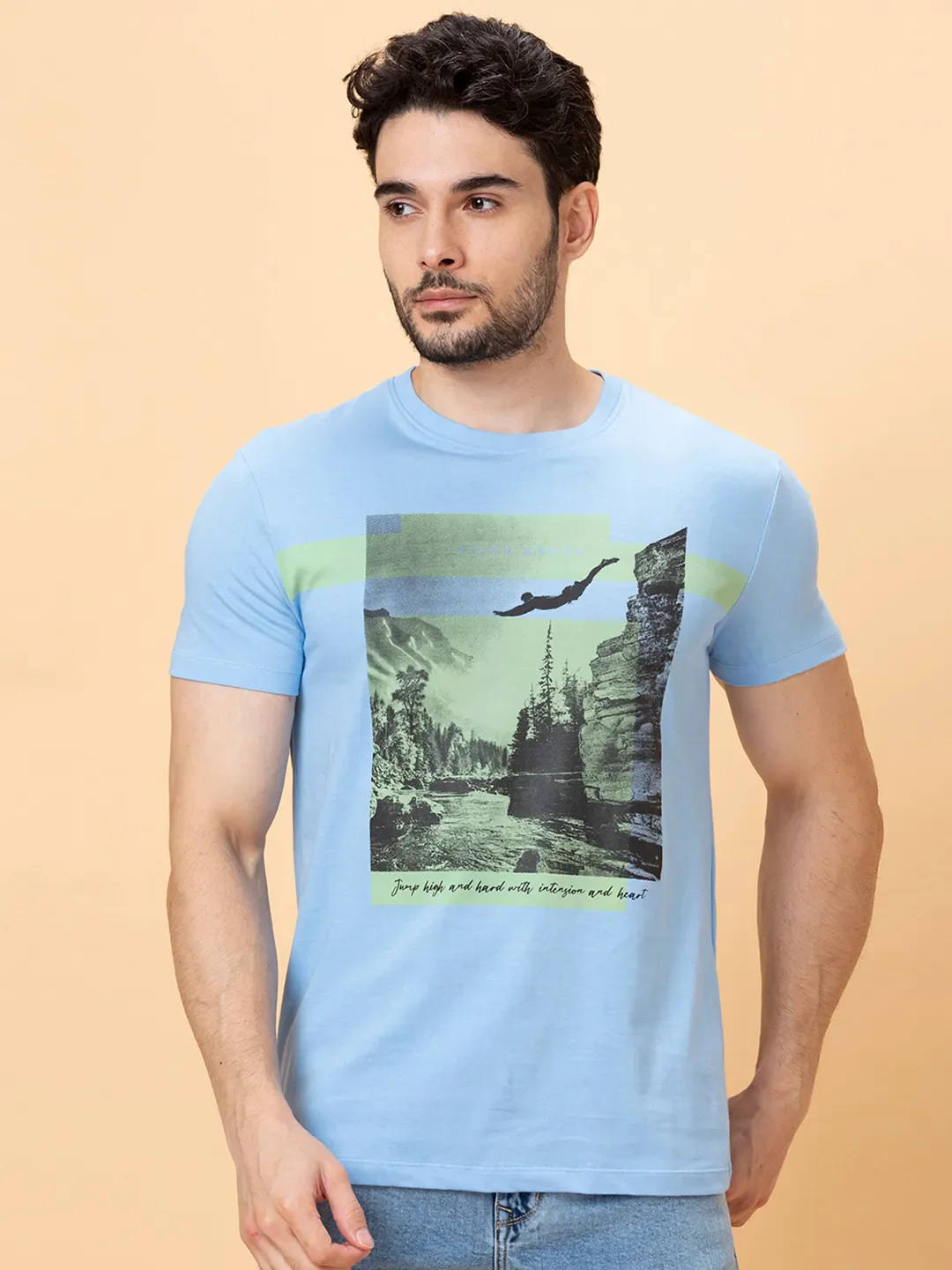 Light Blue Slim Fit Round Neck Men's T-Shirt by Being Human Clothing - Image 6