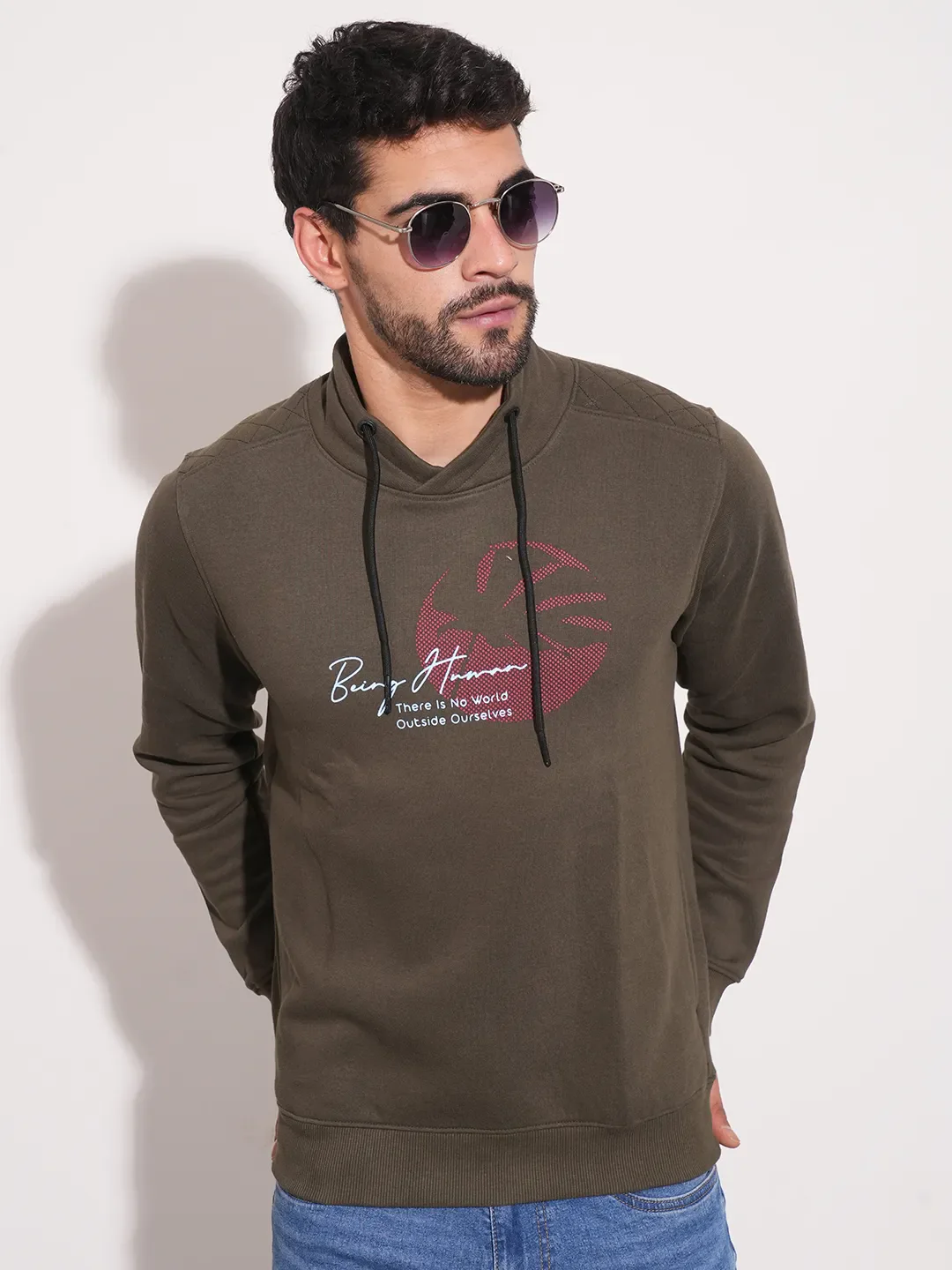 Green Regular Fit Round Neck Long Sleeves Men's Sweatshirt by Being Human Clothing - Image 6