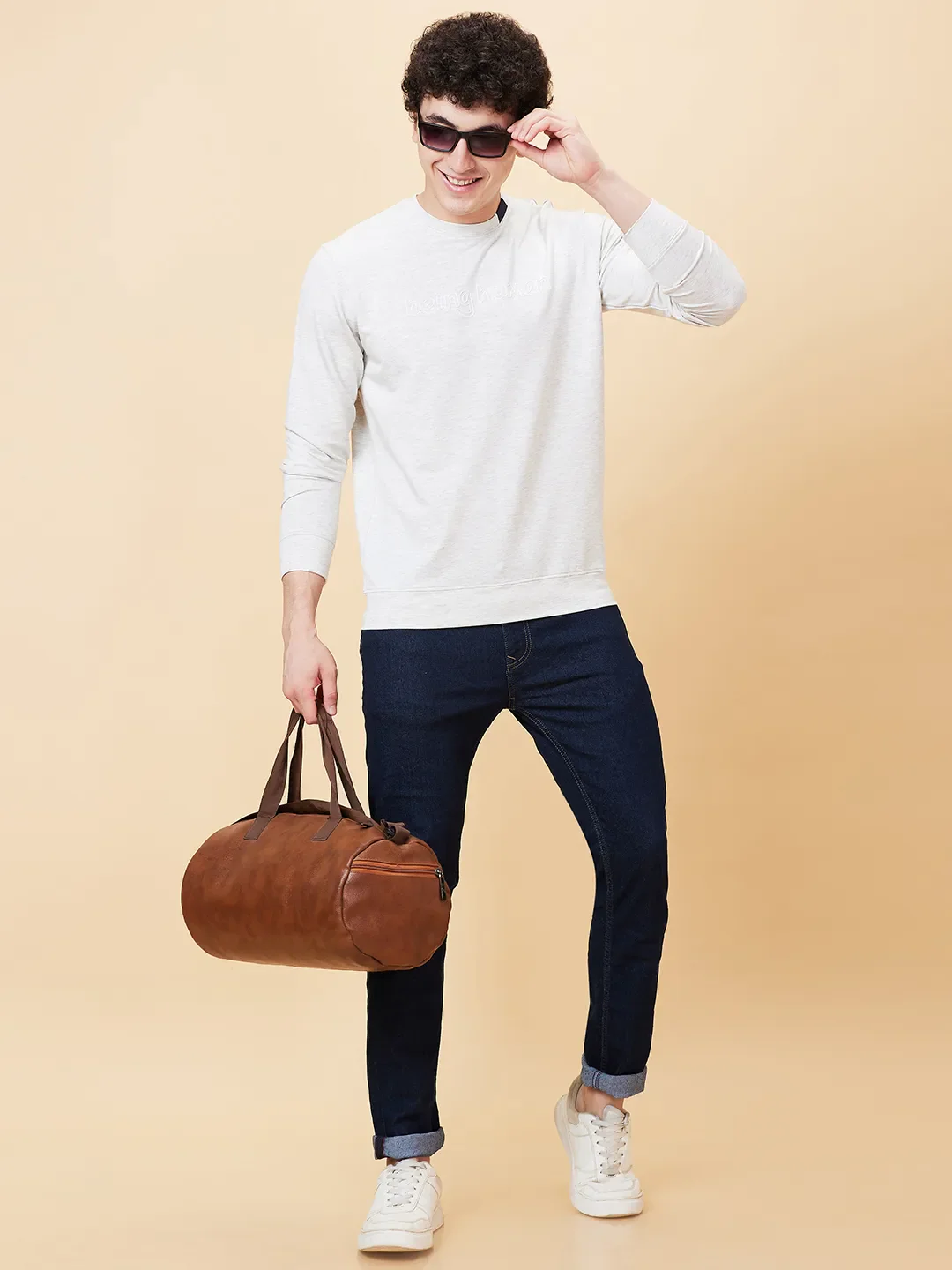 Beige Regular Fit Round Neck Long Sleeves Men's Sweatshirt by Being Human Clothing - Image 6