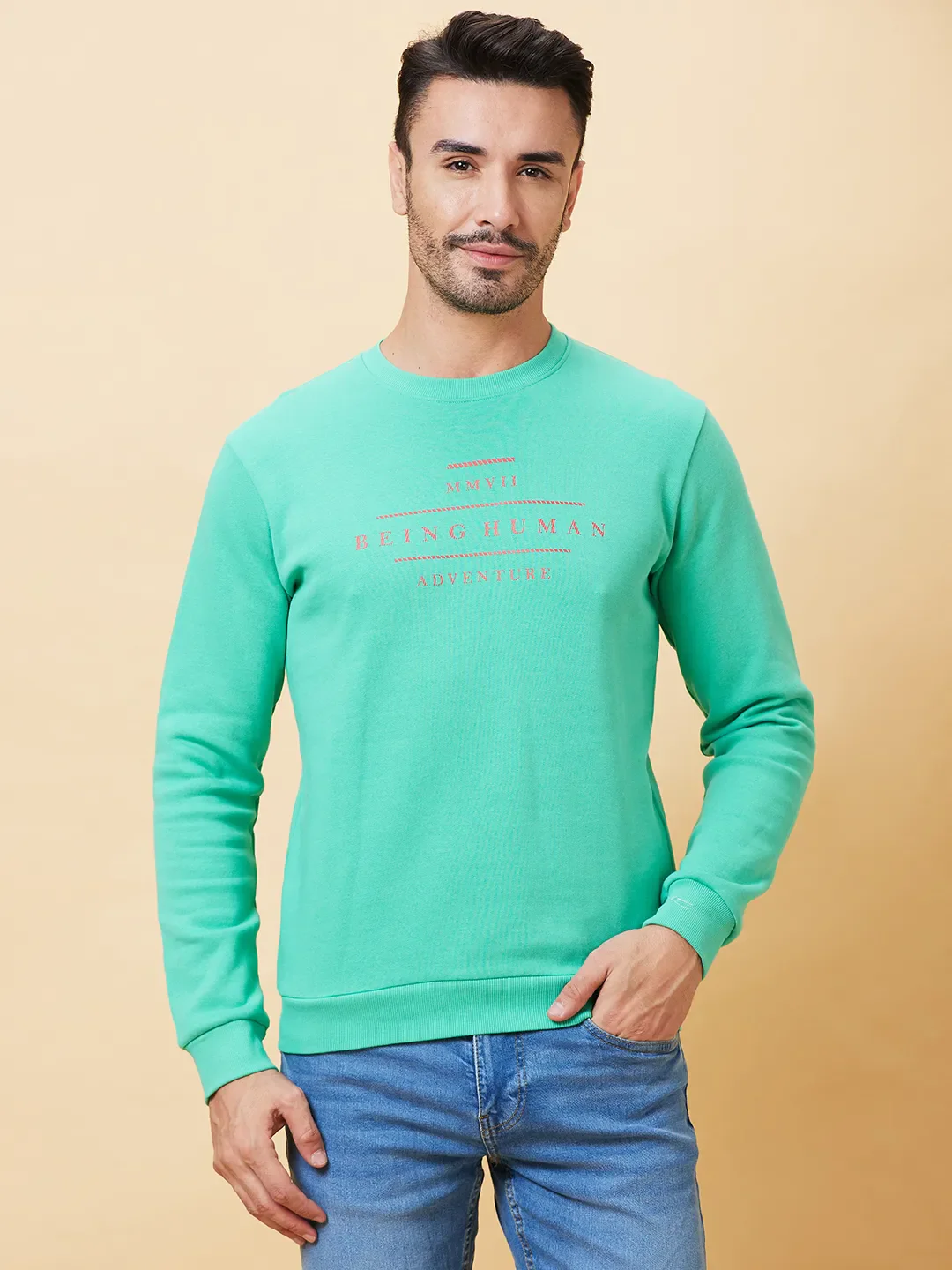 Green Regular Fit Round Neck Long Sleeves Men's Sweatshirt by Being Human Clothing