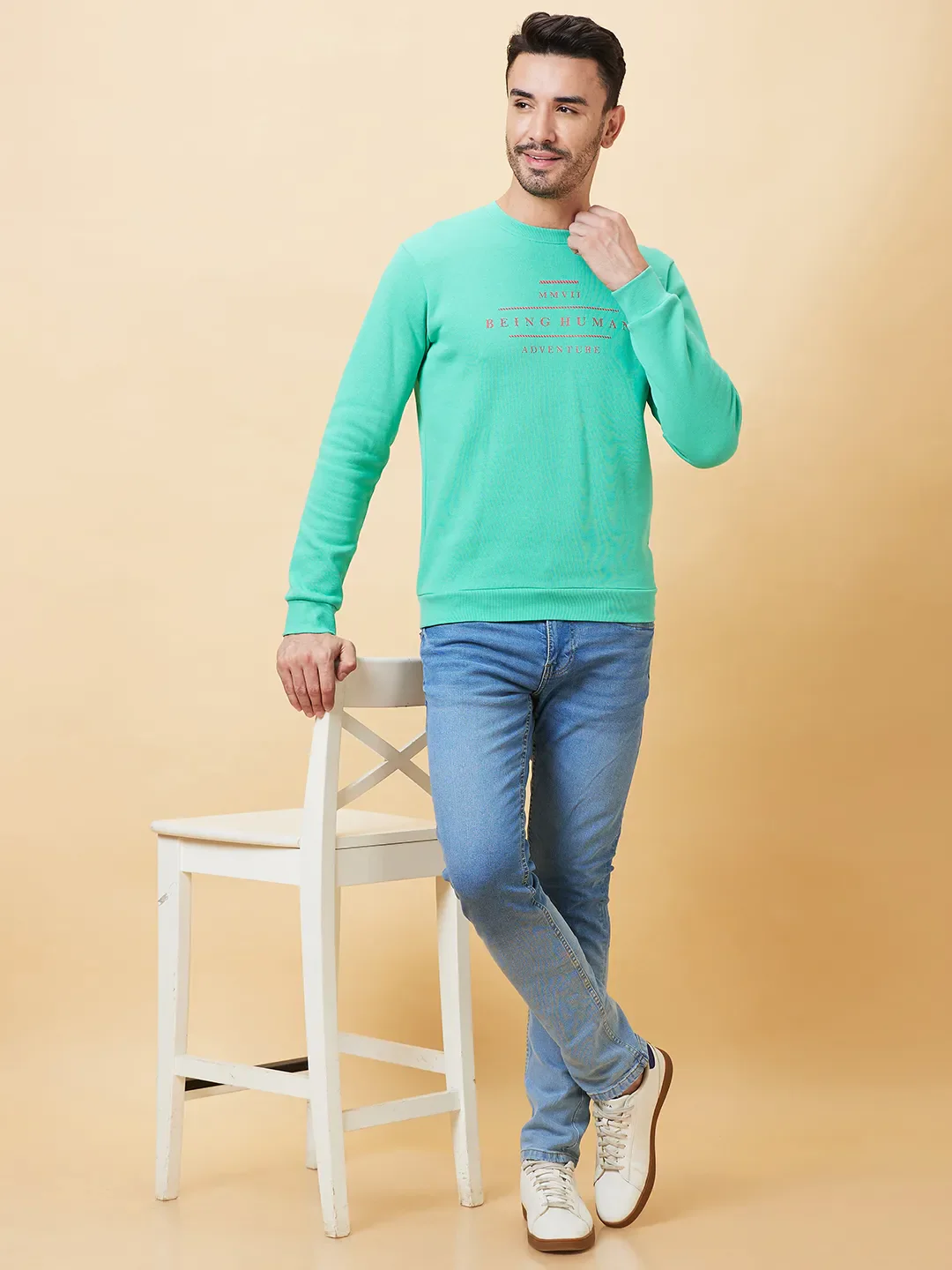 Green Regular Fit Round Neck Long Sleeves Men's Sweatshirt by Being Human Clothing - Image 4