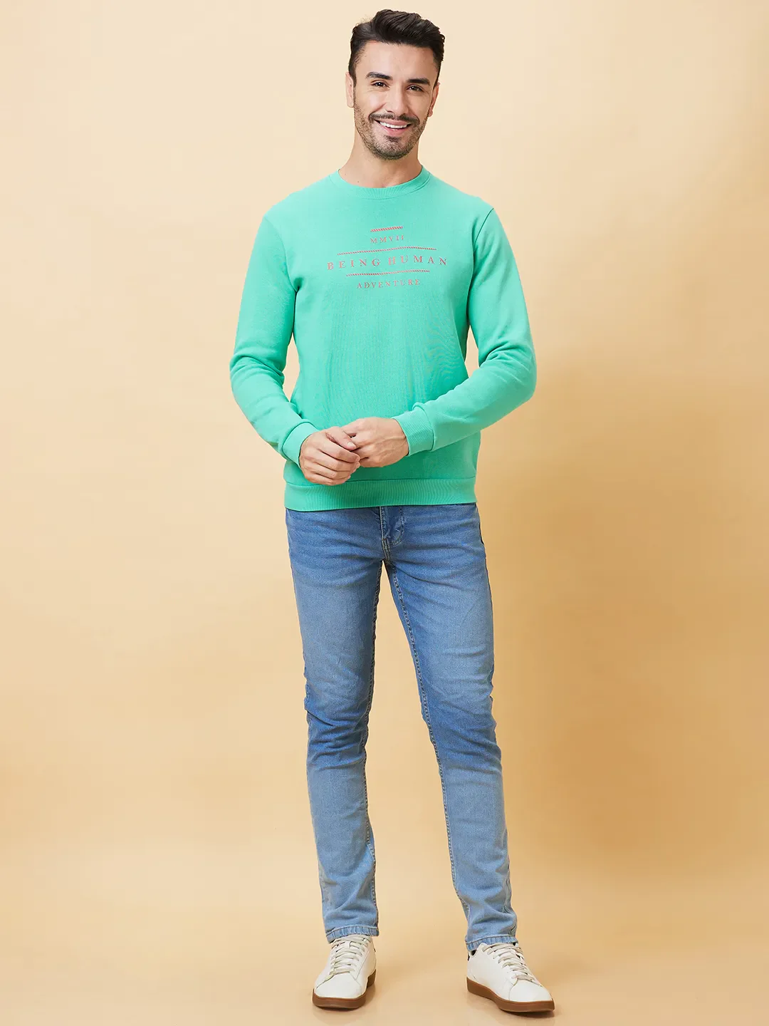 Green Regular Fit Round Neck Long Sleeves Men's Sweatshirt by Being Human Clothing - Image 5