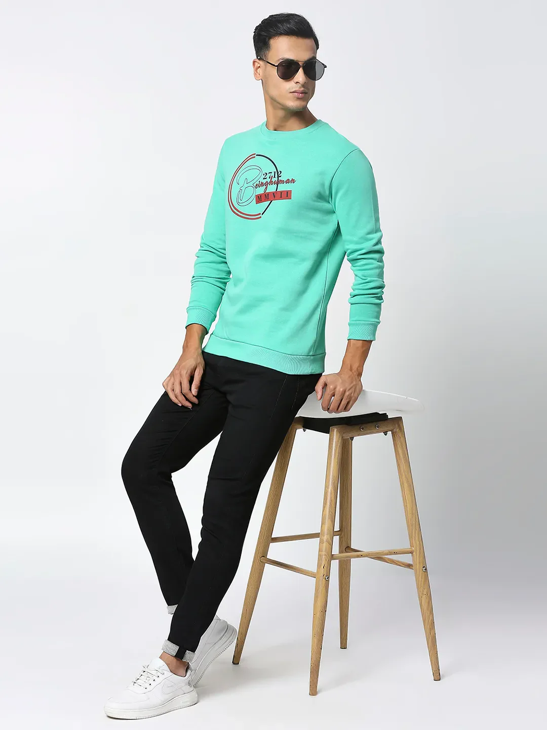 Green Regular Fit Round Neck Long Sleeves Men's Sweatshirt by Being Human Clothing - Image 6
