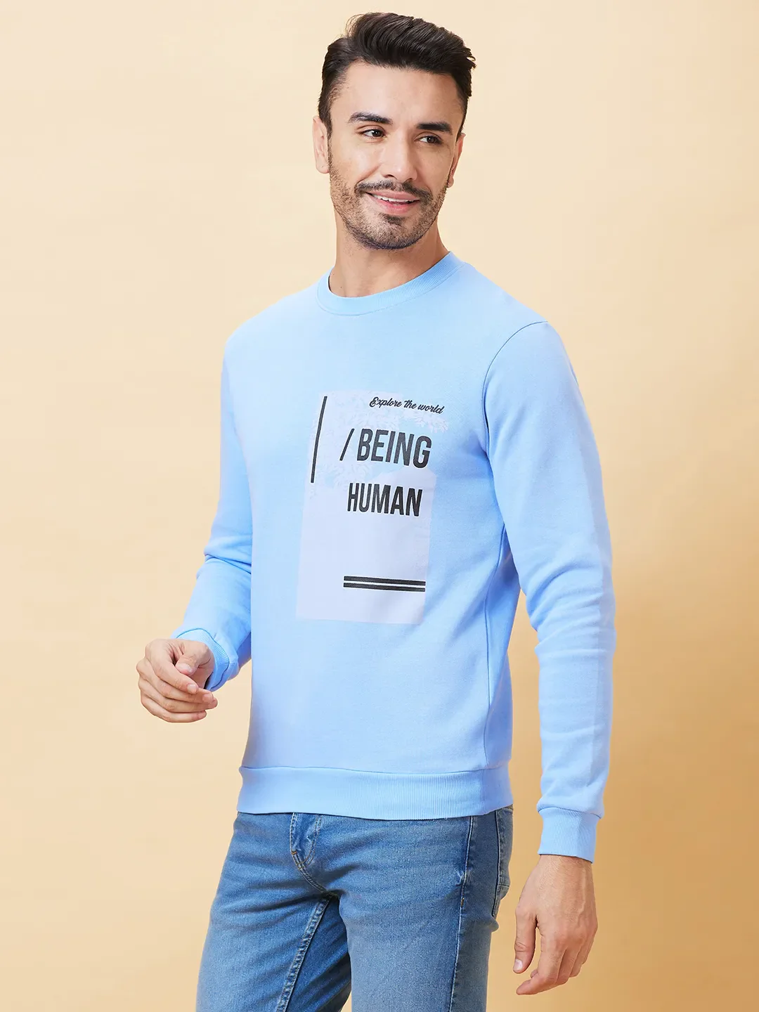 Blue Regular Fit Round Neck Long Sleeves Men's Sweatshirt by Being Human Clothing - Image 4