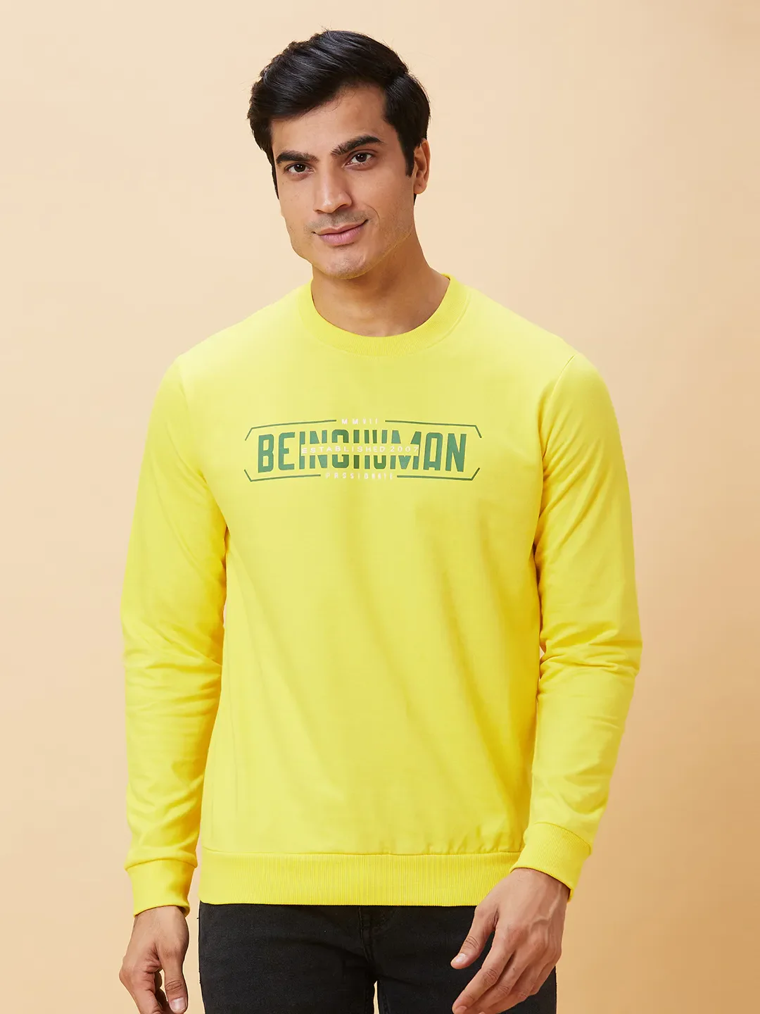 Yellow Regular Fit Round Neck Long Sleeves Men's Sweatshirt by Being Human Clothing