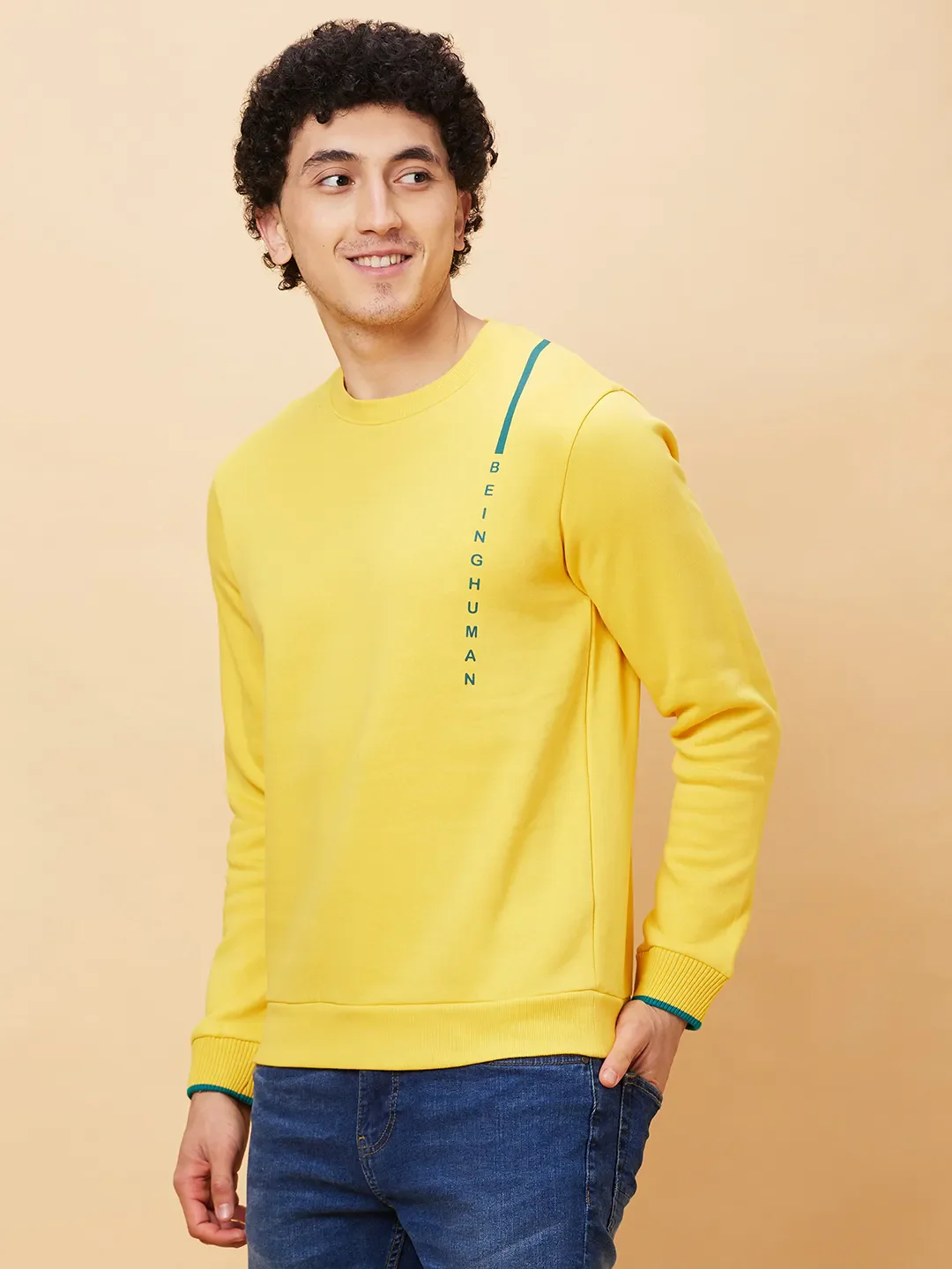 Yellow Regular Fit Round Neck Long Sleeves Men's Sweatshirt by Being Human Clothing - Image 4