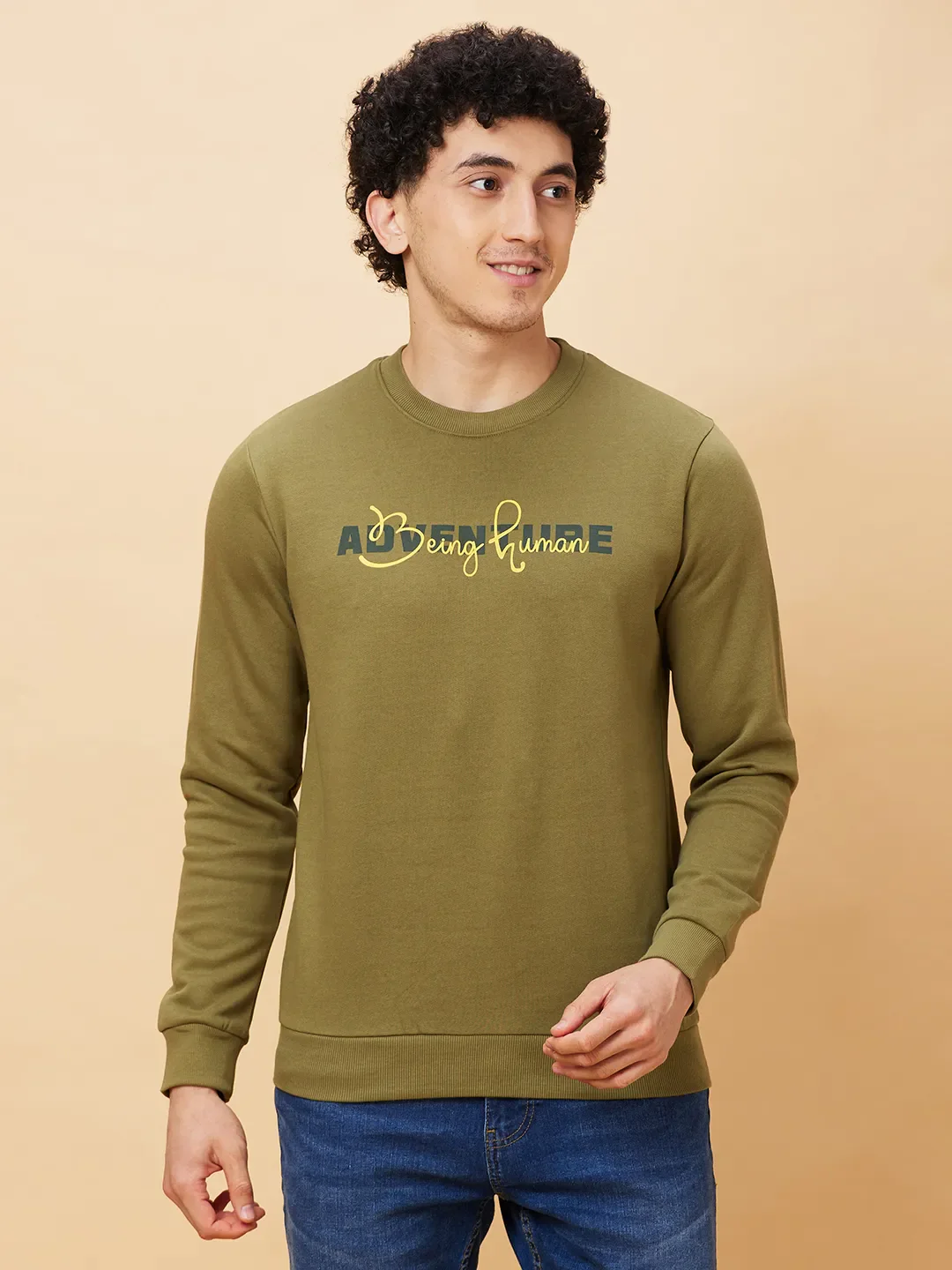 Olive Regular Fit Round Neck Long Sleeves Men's Sweatshirt by Being Human Clothing