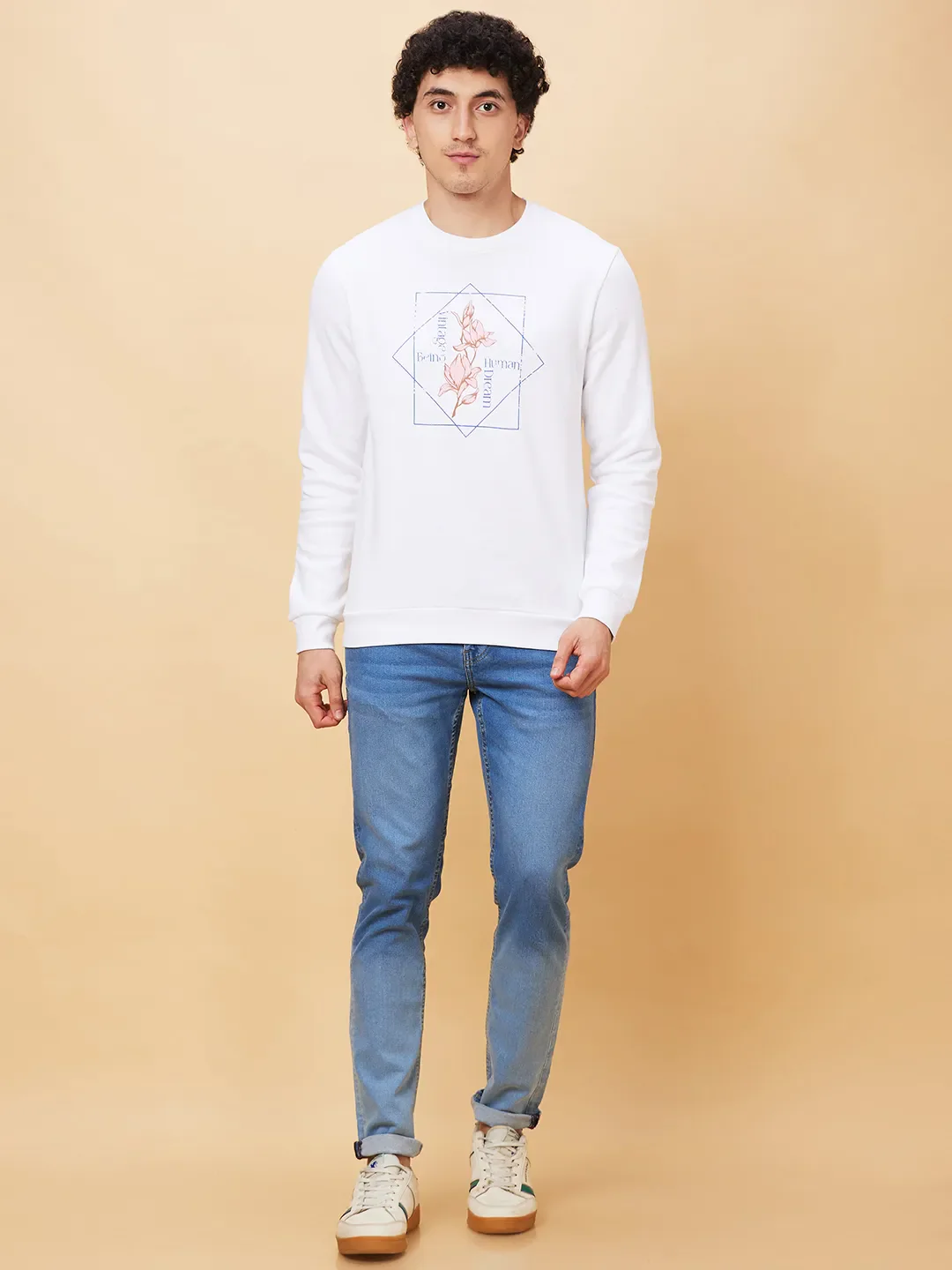 White Regular Fit Round Neck Long Sleeves Men's Sweatshirt by Being Human Clothing - Image 2