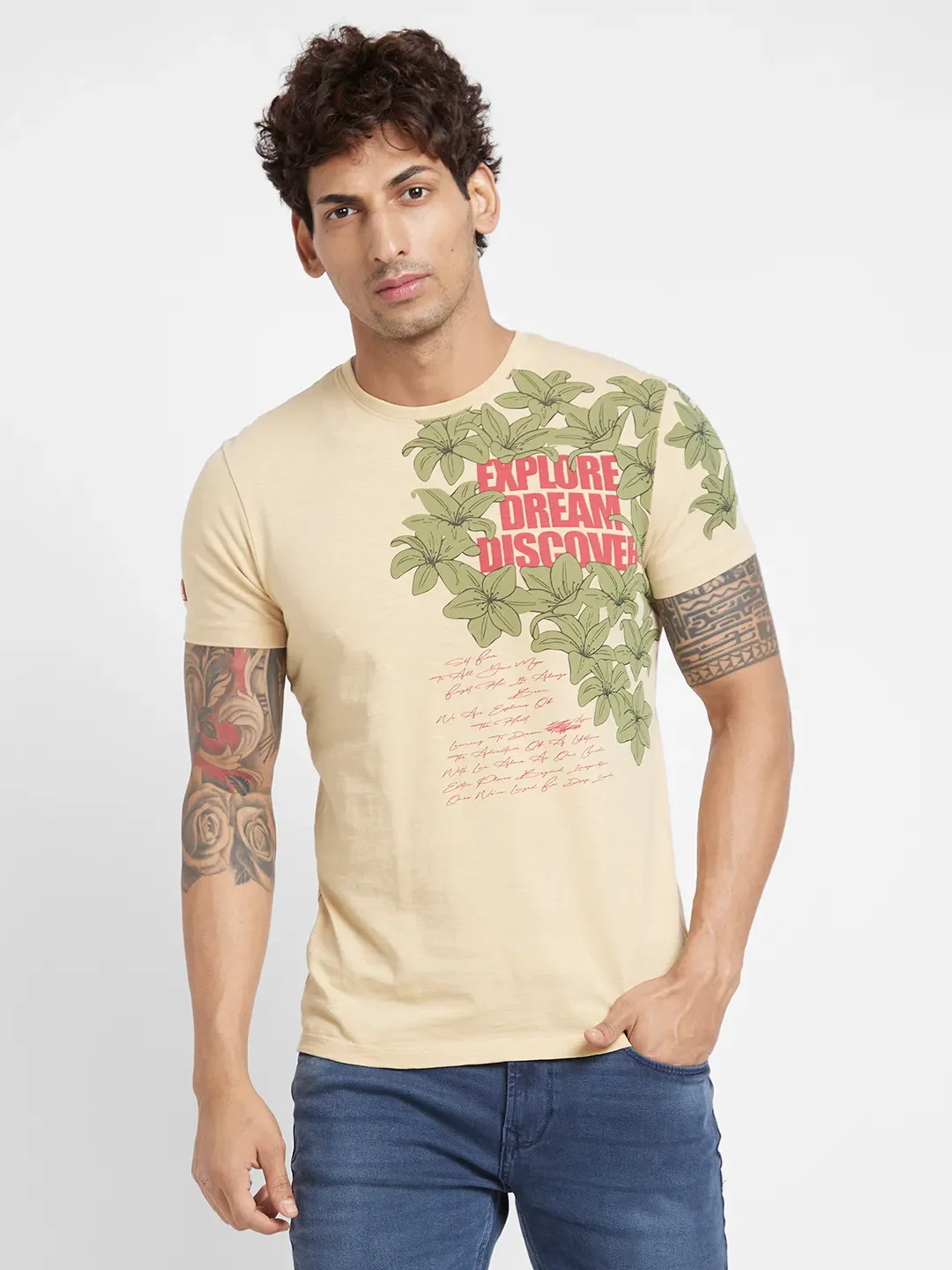 Beige Regular Fit Round Neck Men's T-Shirt by Being Human Clothing