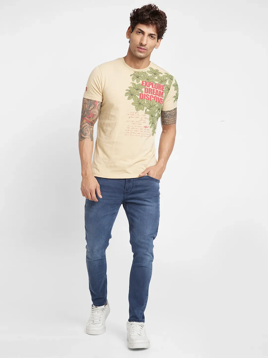 Beige Regular Fit Round Neck Men's T-Shirt by Being Human Clothing - Image 2