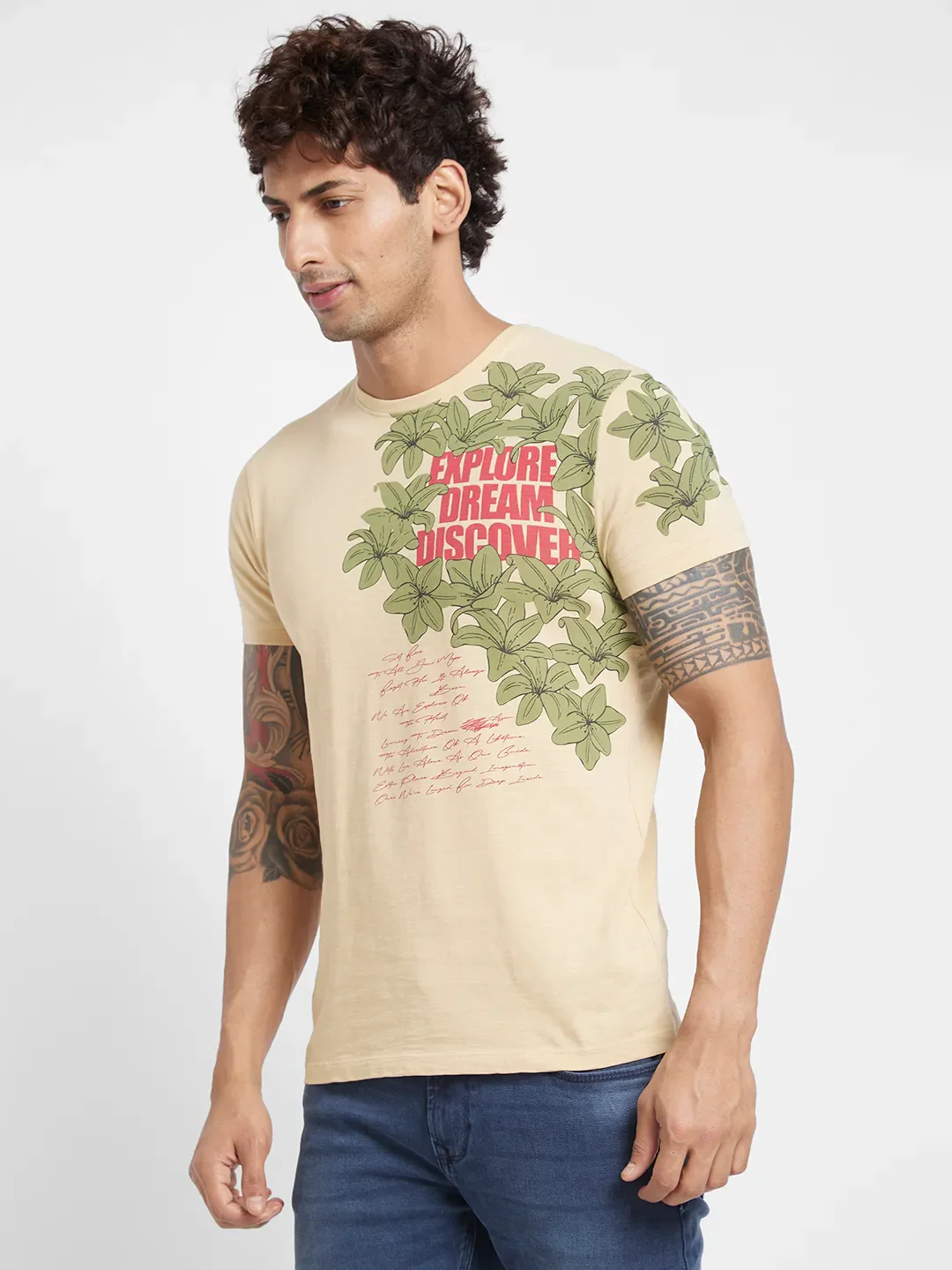 Beige Regular Fit Round Neck Men's T-Shirt by Being Human Clothing - Image 3