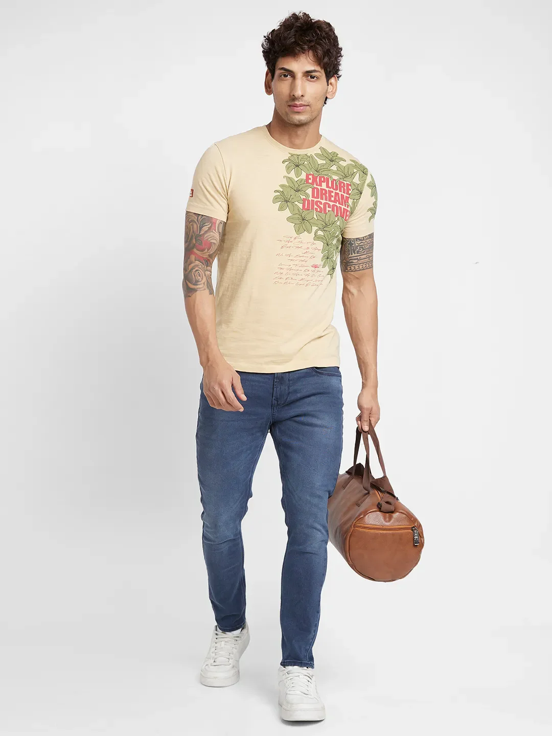 Beige Regular Fit Round Neck Men's T-Shirt by Being Human Clothing - Image 5