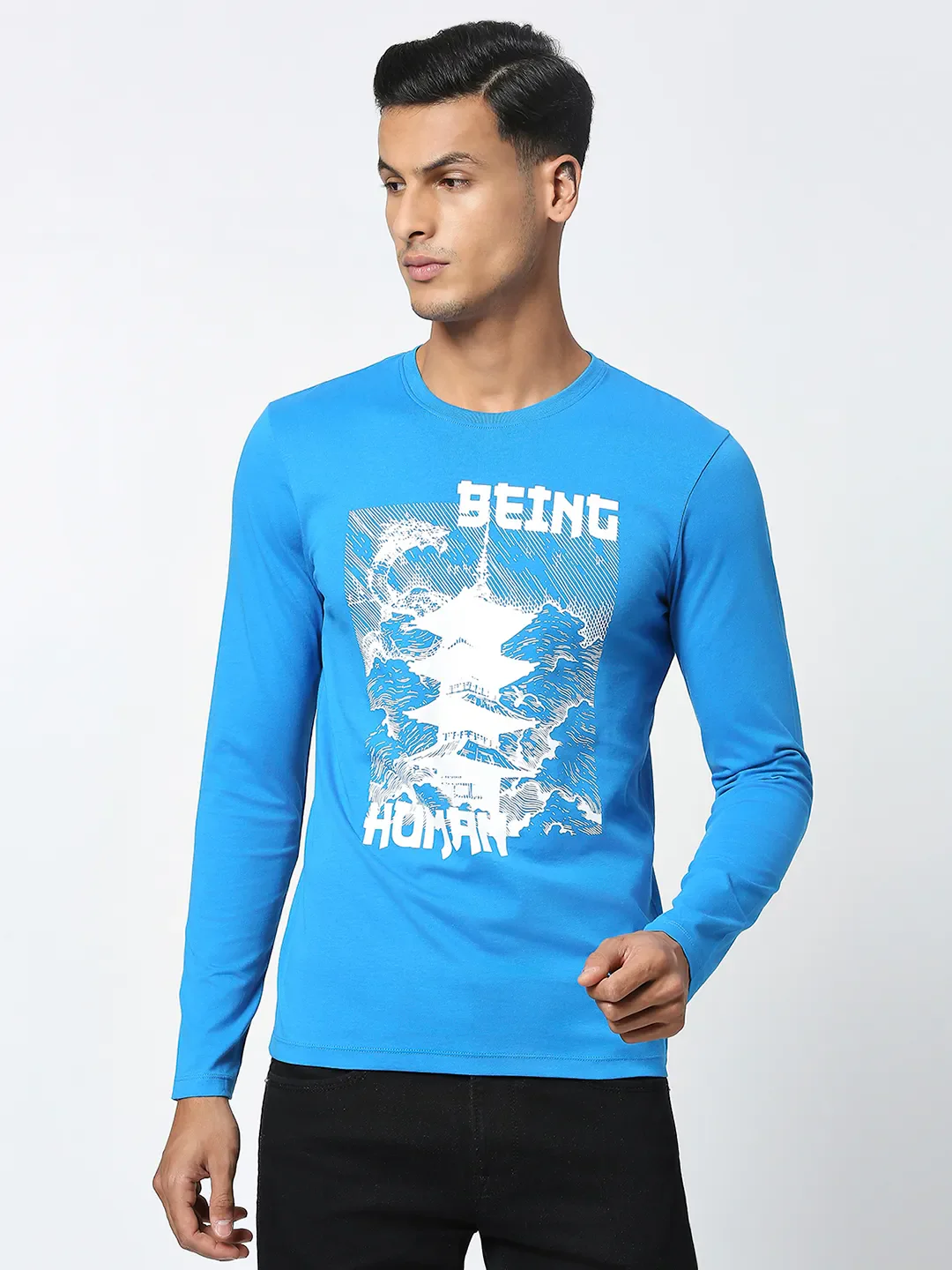 Blue Regular Fit Men's Long Sleeves T-Shirt by Being Human Clothing - Image 6