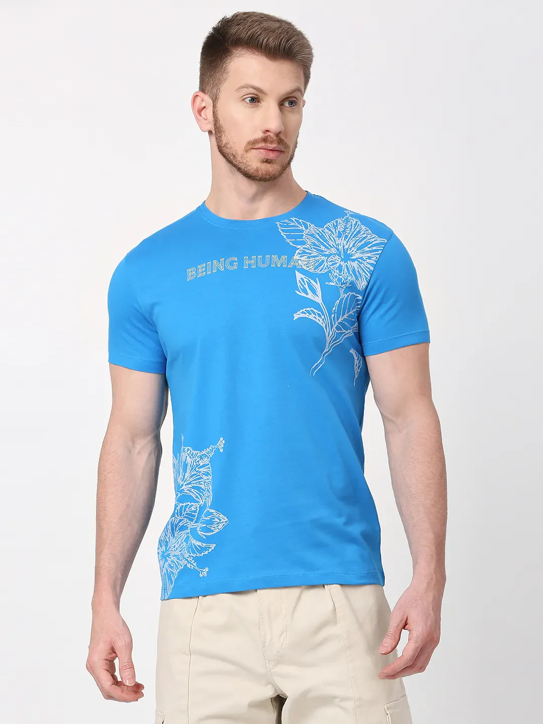 Blue Regular Fit Round Neck Men's T-Shirt by Being Human Clothing