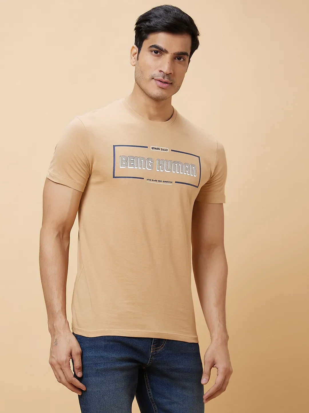 Beige Regular Fit Men's Short Sleeves T-Shirt by Being Human Clothing - Image 2