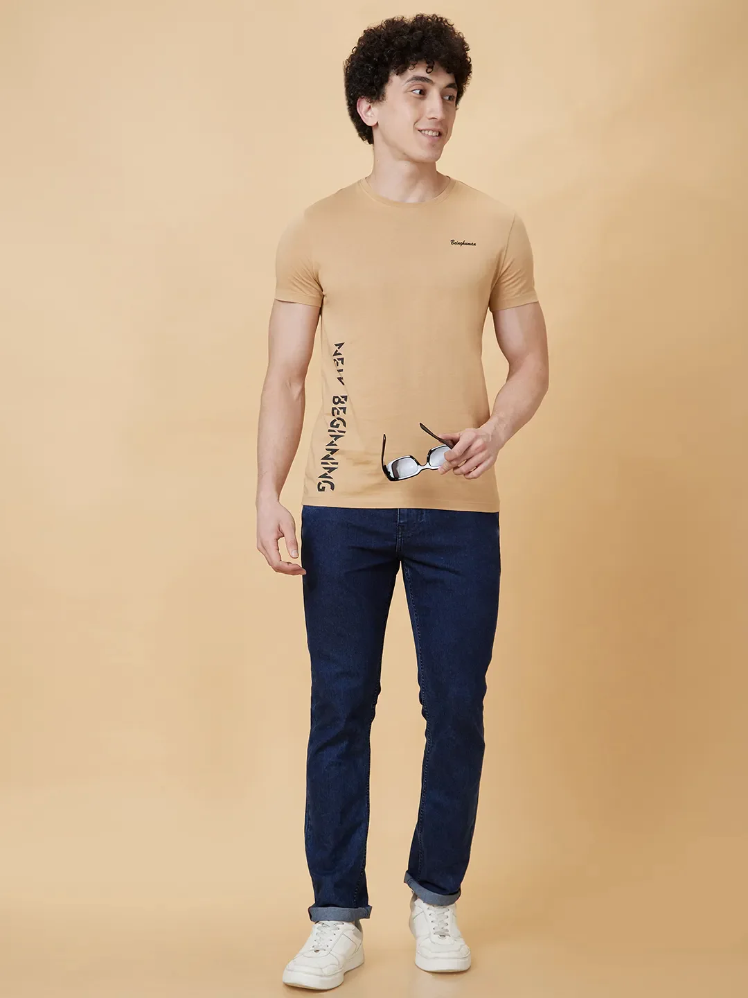 Beige Regular Fit Men's Short Sleeves T-Shirt by Being Human Clothing - Image 5