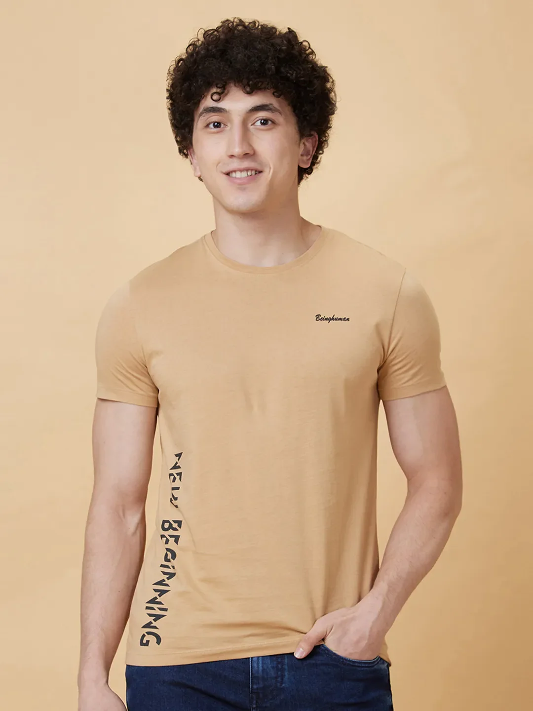 Beige Regular Fit Men's Short Sleeves T-Shirt by Being Human Clothing - Image 6