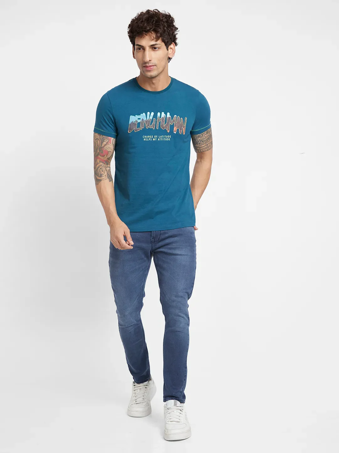 Deep Teal Regular Fit Round Neck Men's T-Shirt by Being Human Clothing - Image 2