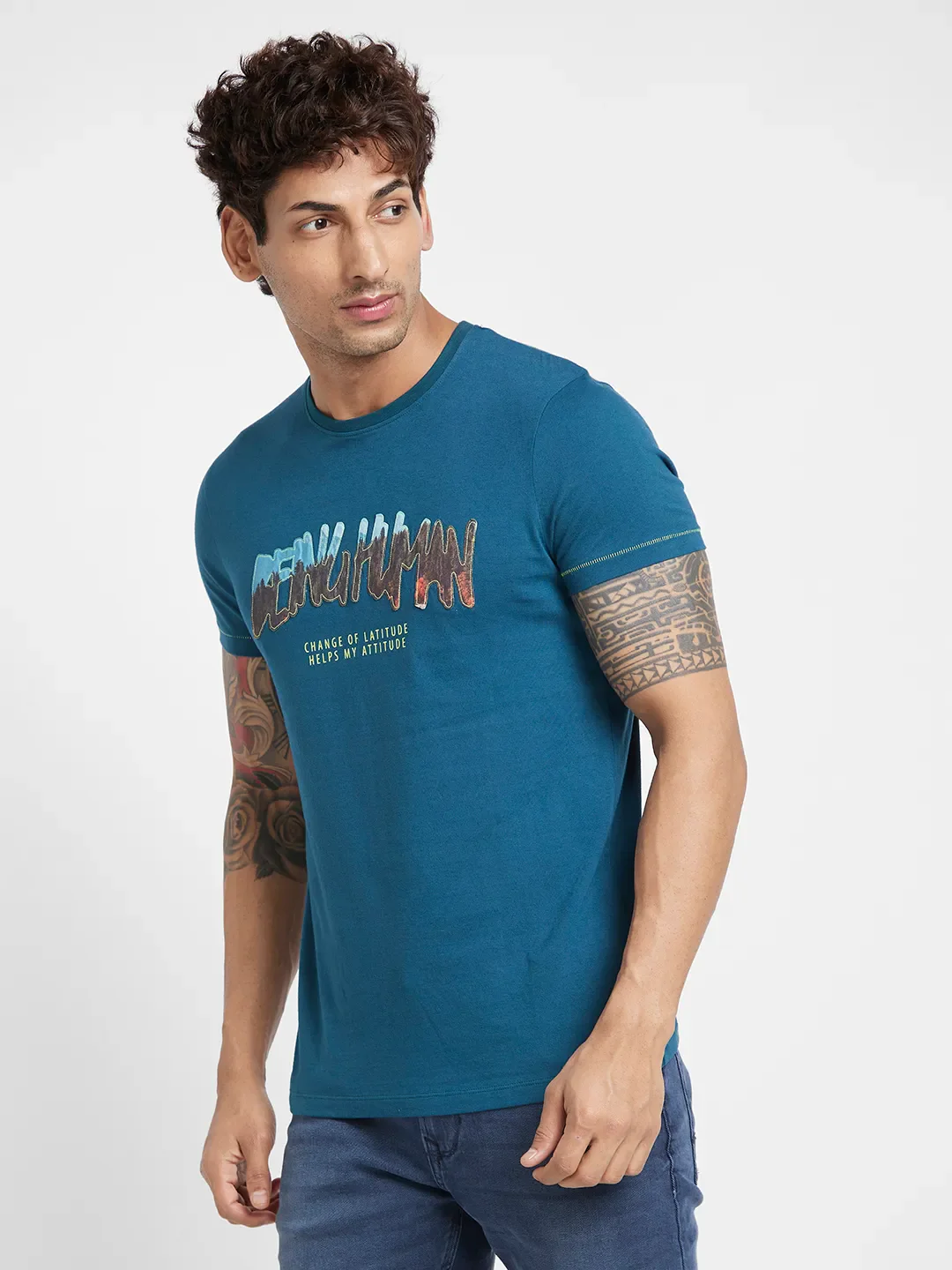 Deep Teal Regular Fit Round Neck Men's T-Shirt by Being Human Clothing - Image 3