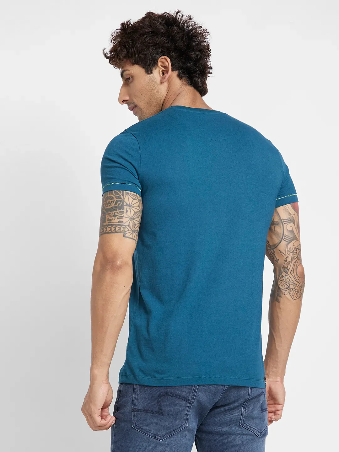 Deep Teal Regular Fit Round Neck Men's T-Shirt by Being Human Clothing - Image 4