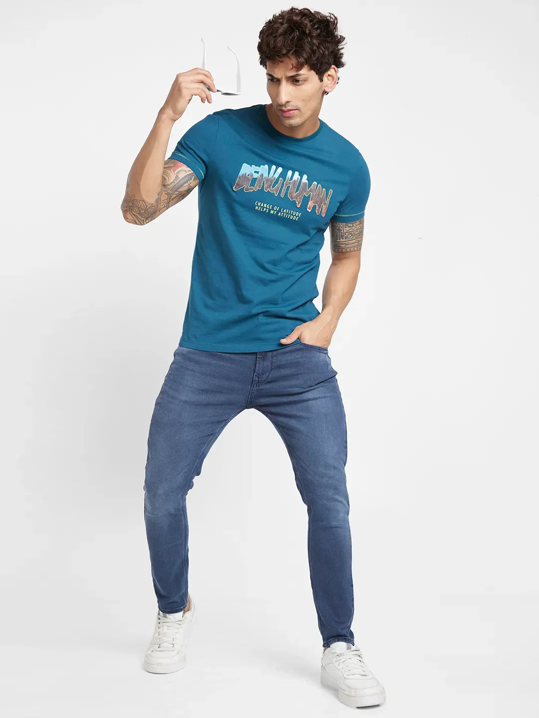Deep Teal Regular Fit Round Neck Men's T-Shirt by Being Human Clothing - Image 6