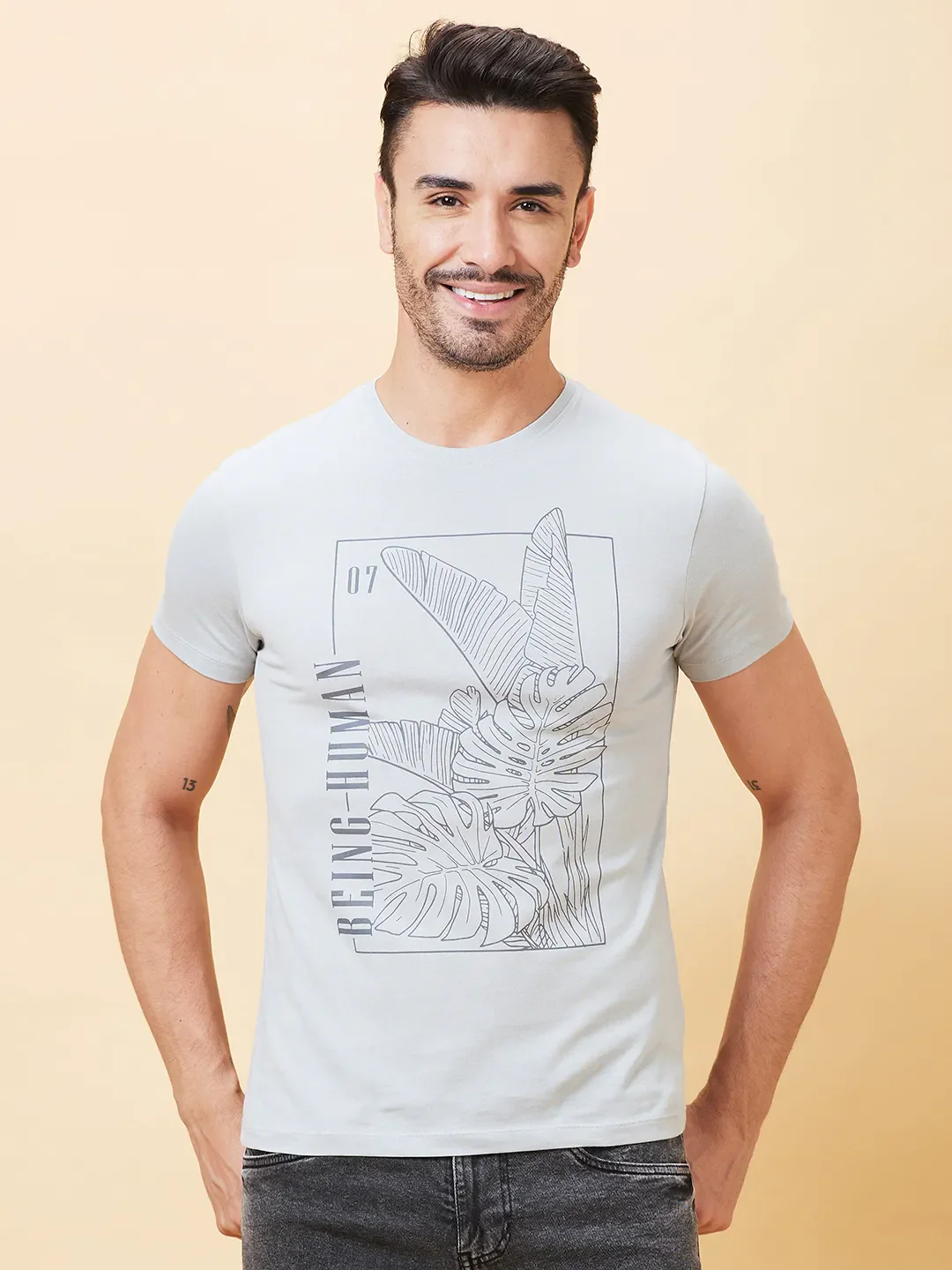 Grey Regular Fit Men's Short Sleeves T-Shirt by Being Human Clothing