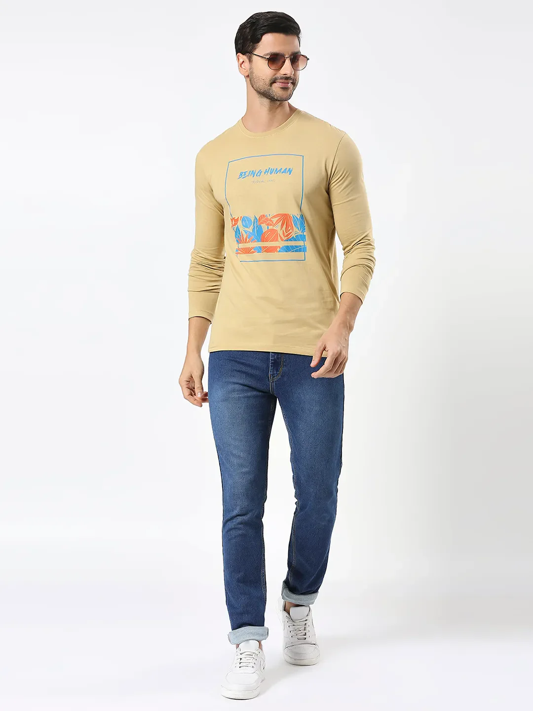 Khaki Regular Fit Men's Long Sleeves T-Shirt by Being Human Clothing