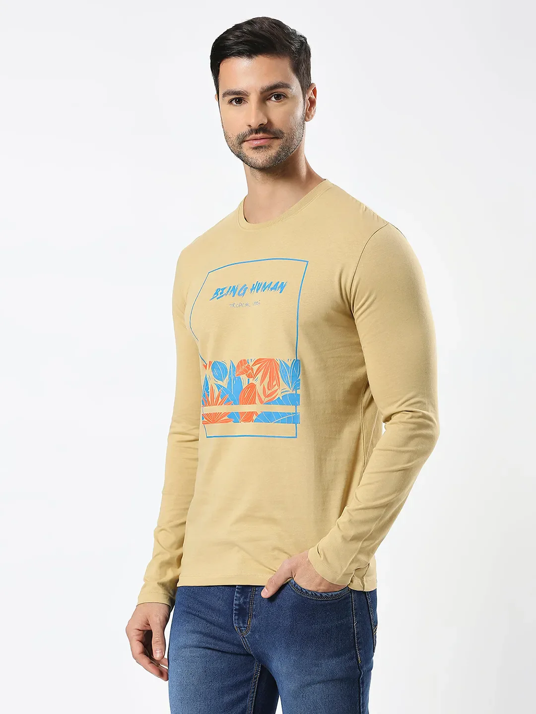 Khaki Regular Fit Men's Long Sleeves T-Shirt by Being Human Clothing - Image 5