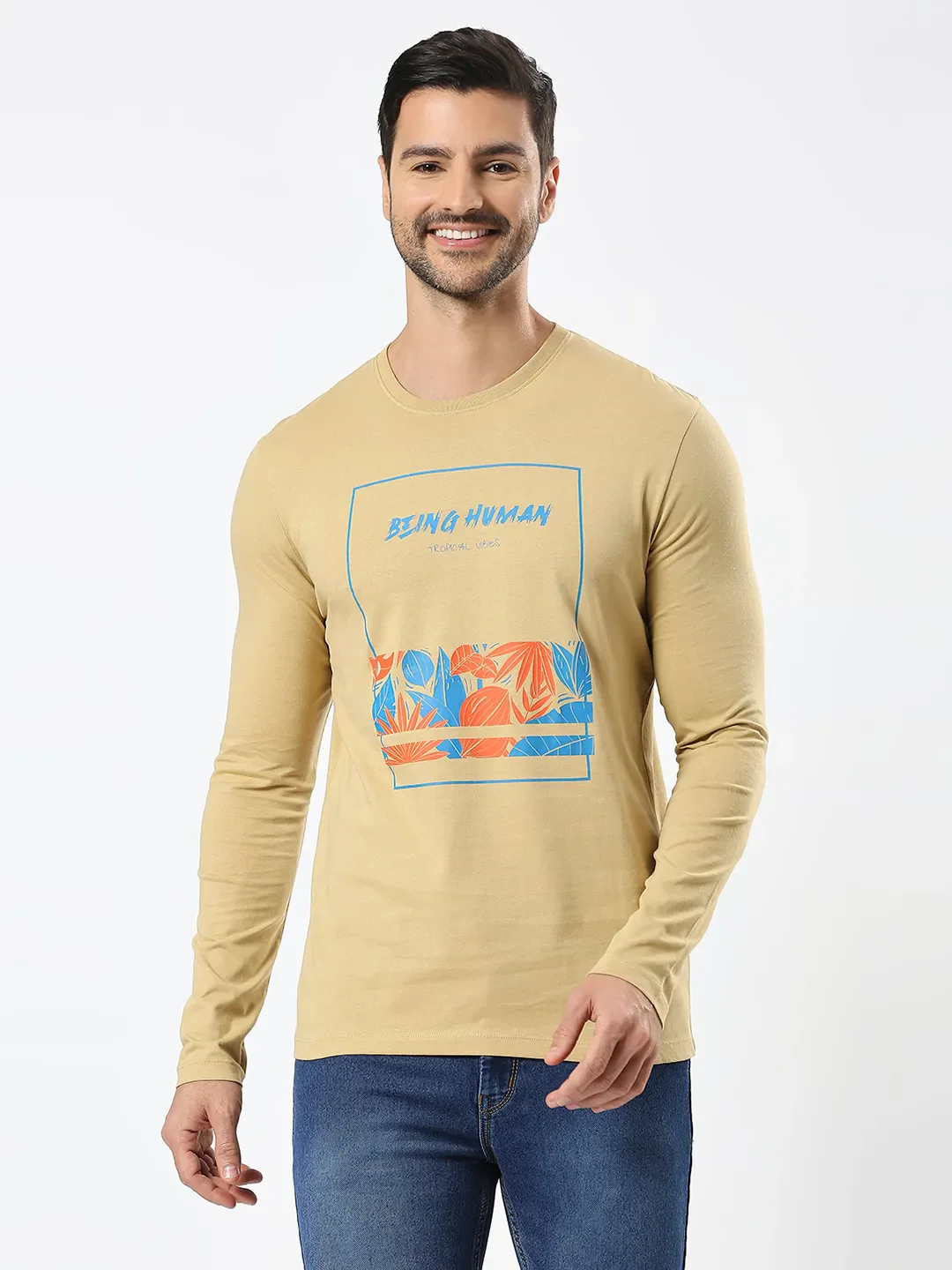 Khaki Regular Fit Men's Long Sleeves T-Shirt by Being Human Clothing - Image 6