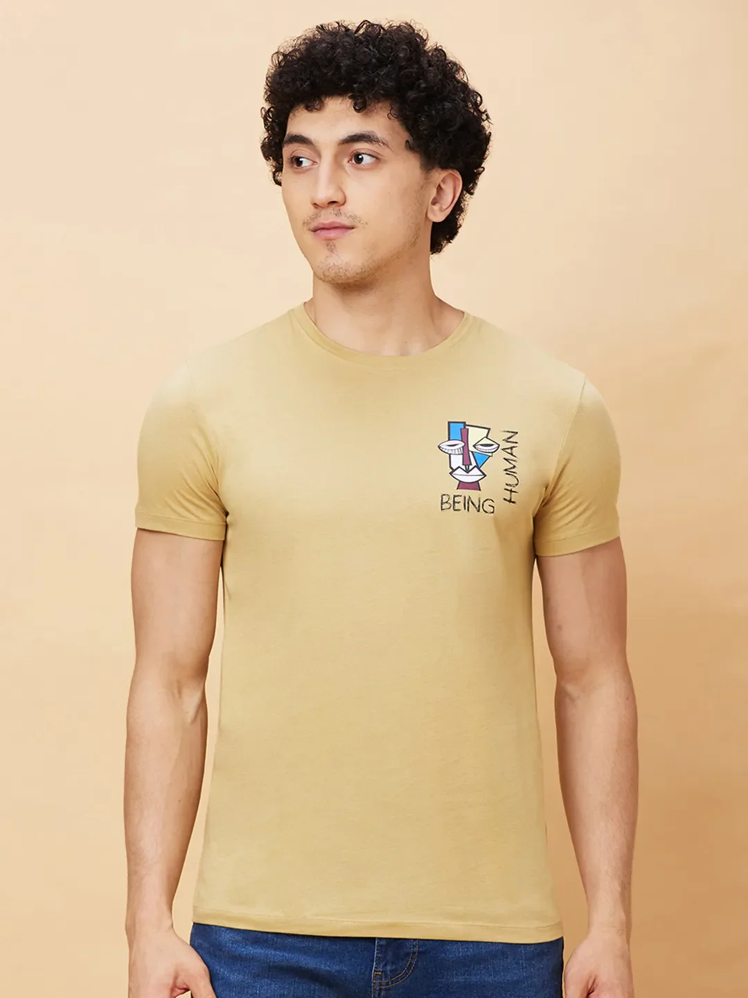 Khaki Regular Fit Men's Short Sleeves T-Shirt by Being Human Clothing
