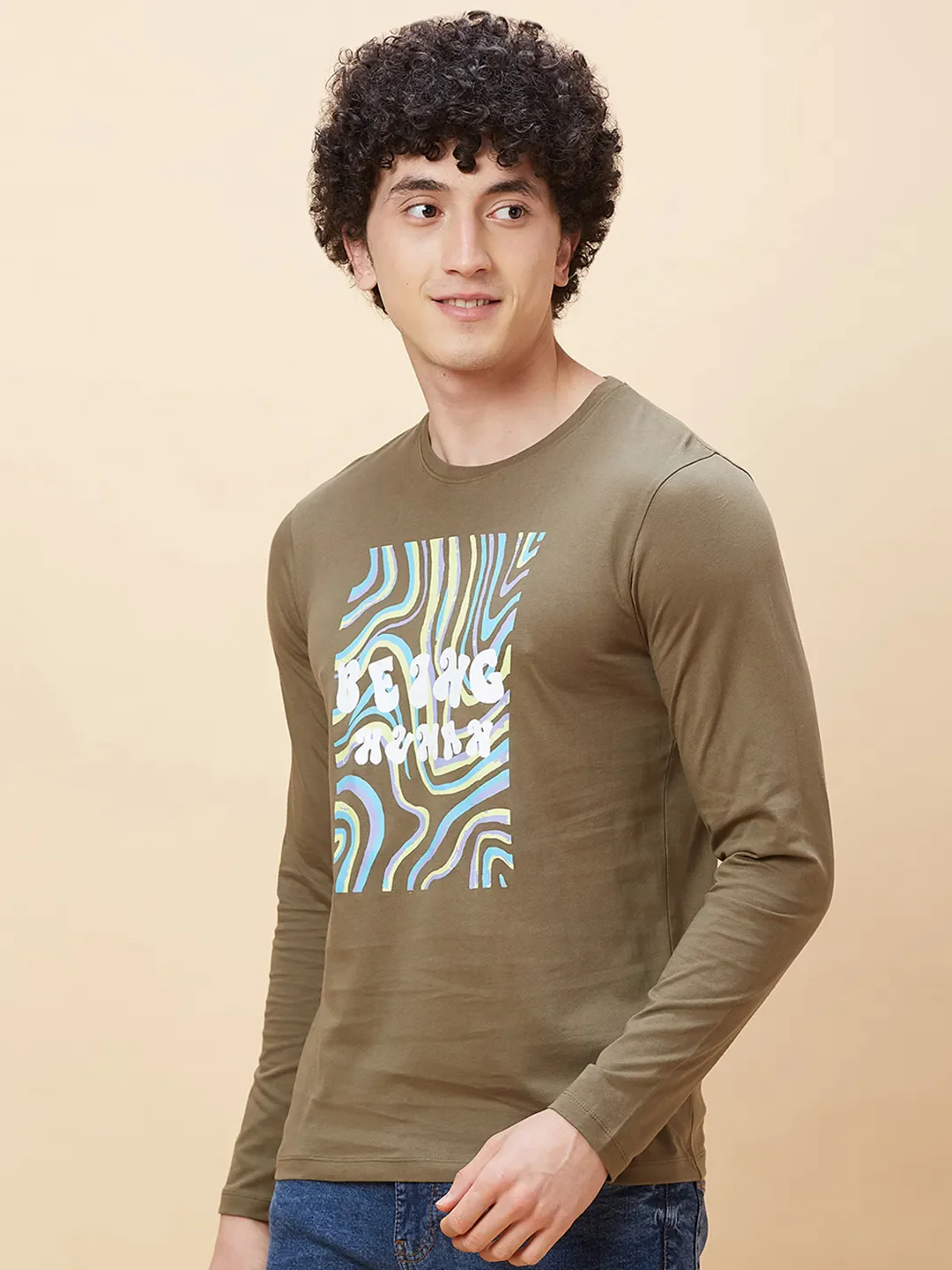 Green Regular Fit Men's Long Sleeves T-Shirt by Being Human Clothing - Image 3