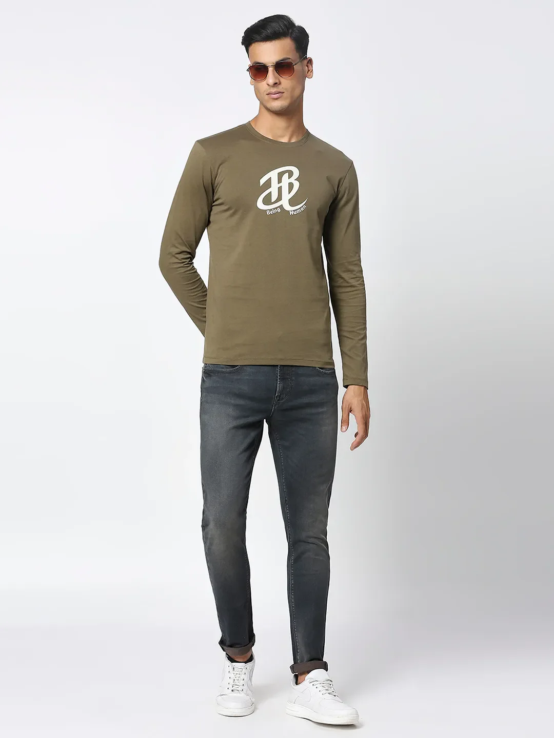 Green Regular Fit Men's Long Sleeves T-Shirt by Being Human Clothing