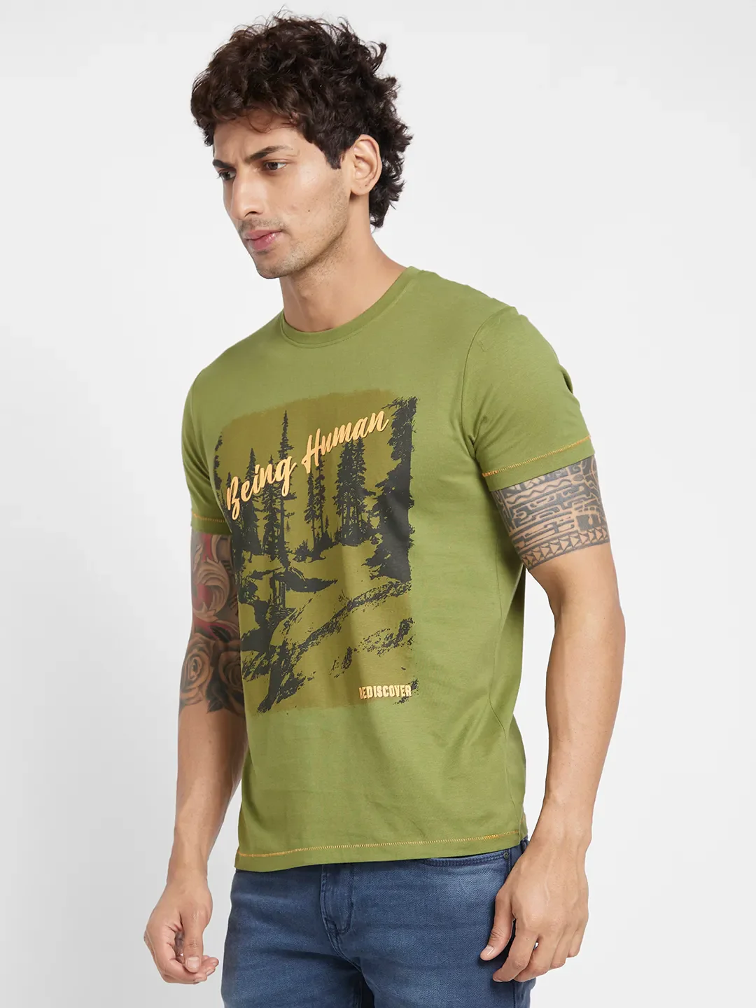 Green Regular Fit Men's Short Sleeves T-Shirt by Being Human Clothing - Image 3