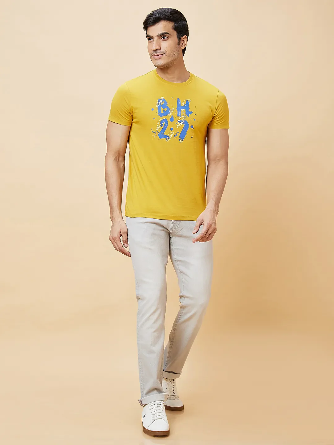 Mustard Regular Fit Round Neck Men's T-Shirt by Being Human Clothing