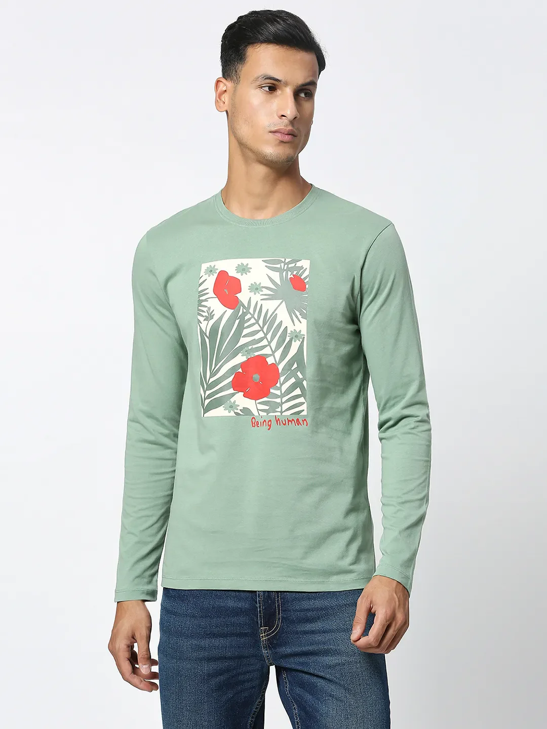 Green Regular Fit Men's Long Sleeves T-Shirt by Being Human Clothing - Image 6