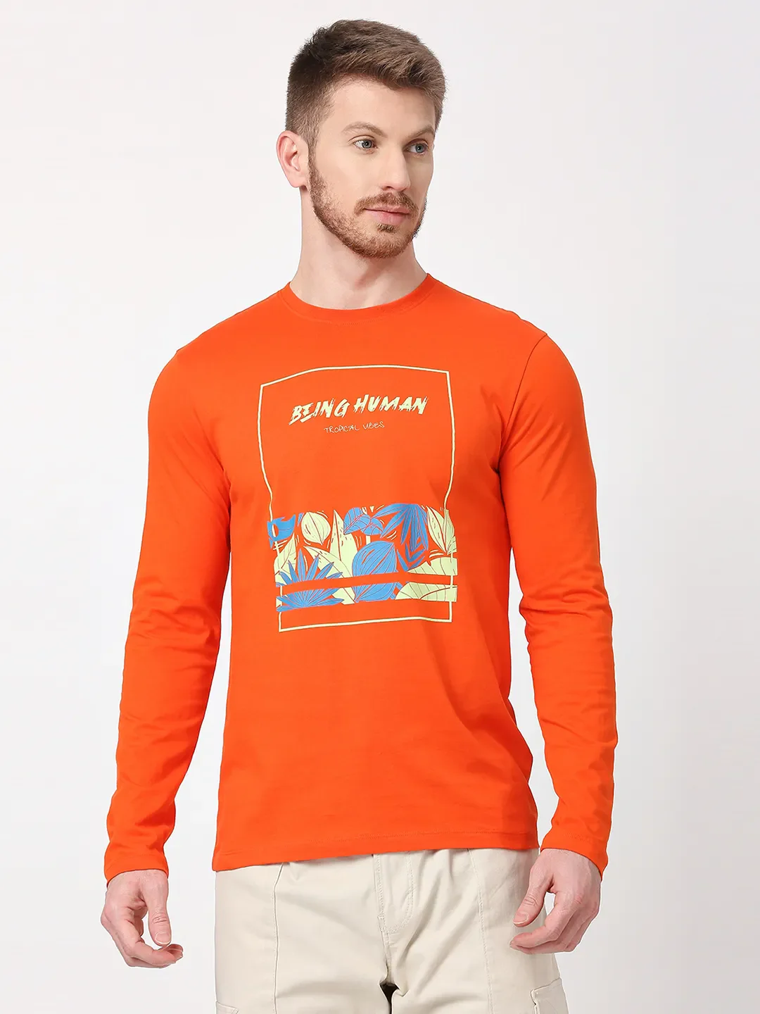Orange Regular Fit Men's Long Sleeves T-Shirt by Being Human Clothing