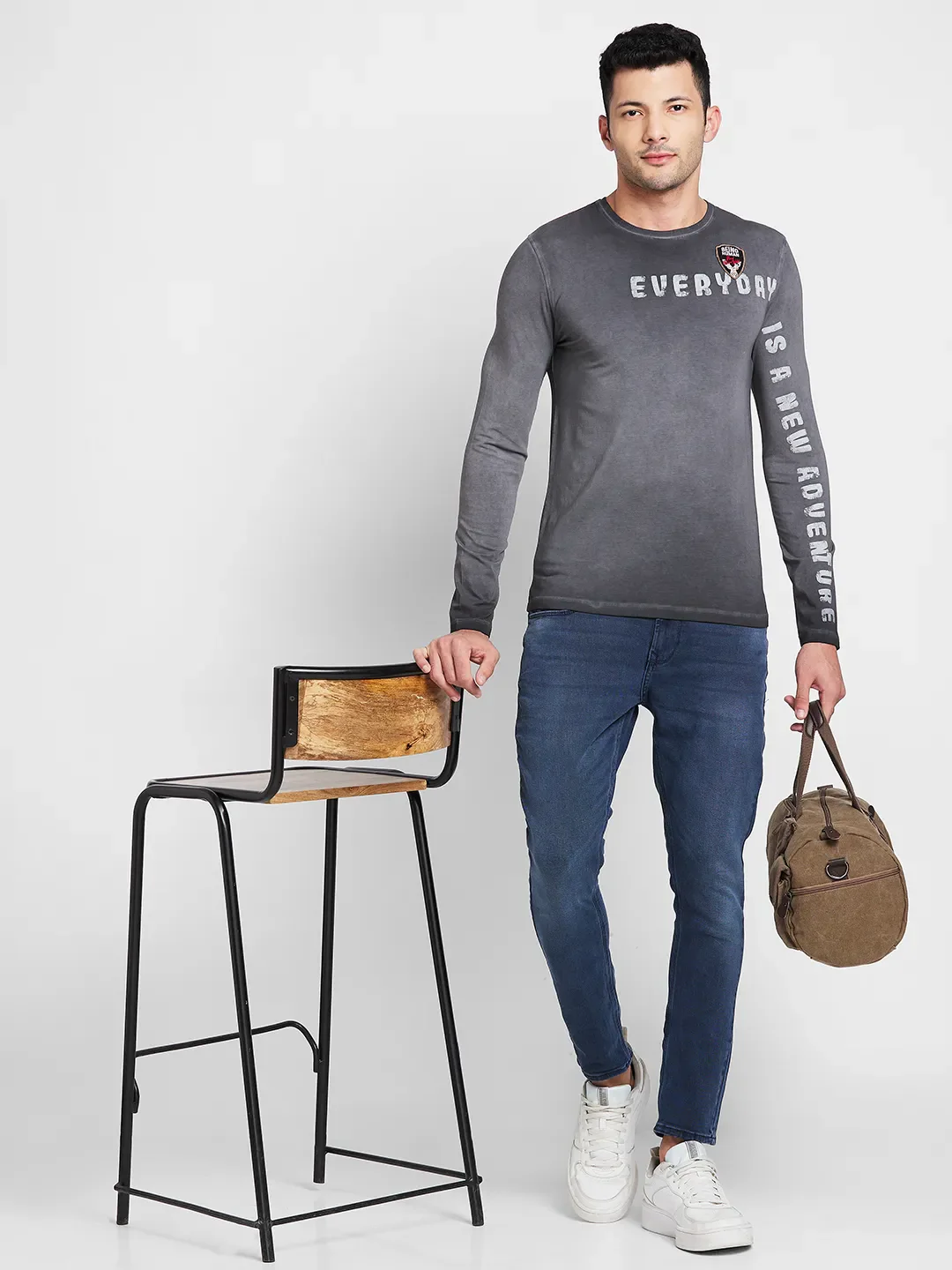 Grey Regular Fit Men's Long Sleeves T-Shirt by Being Human Clothing