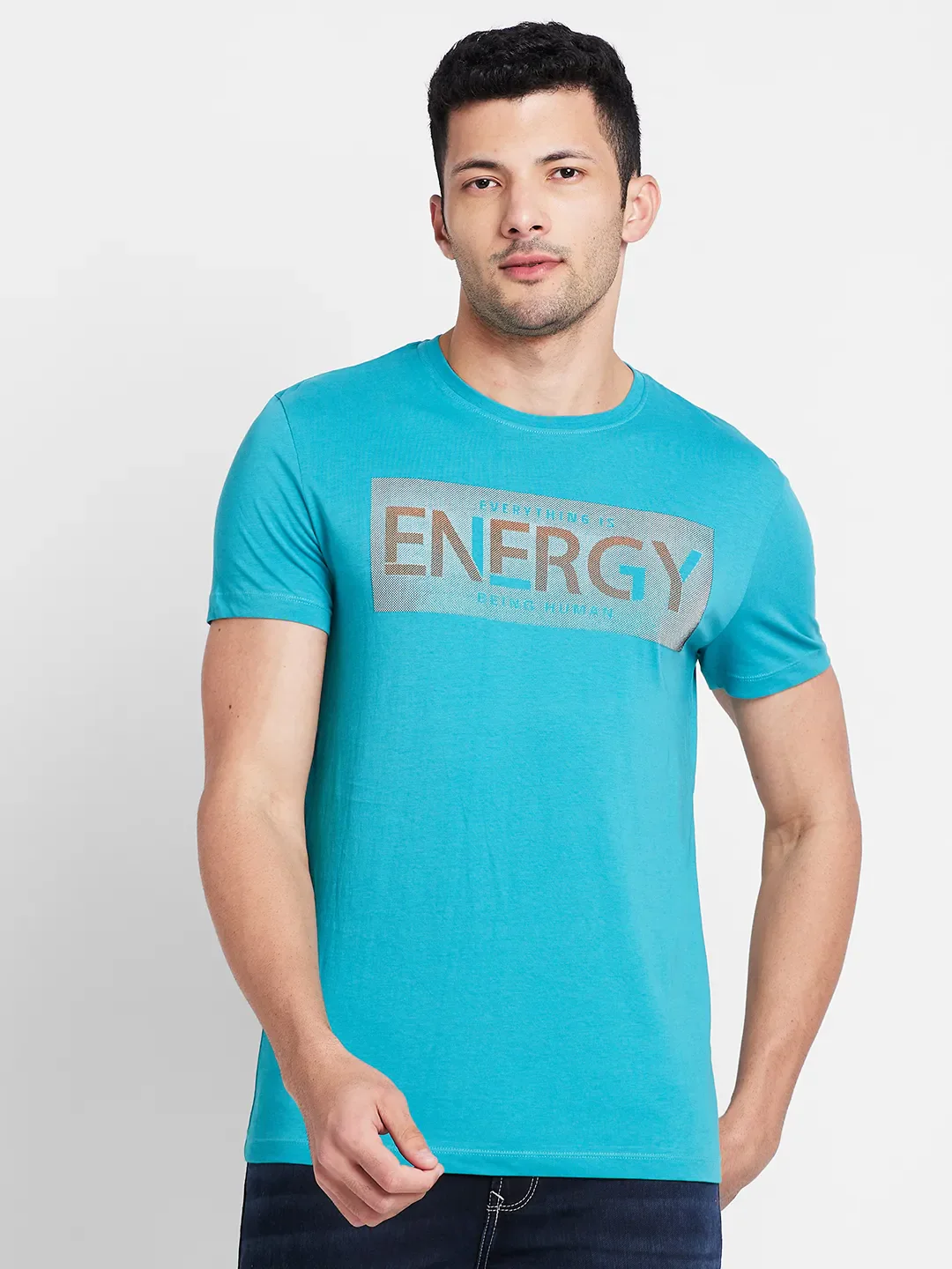 Tile Blue Regular Fit Round Neck Men's T-Shirt by Being Human Clothing