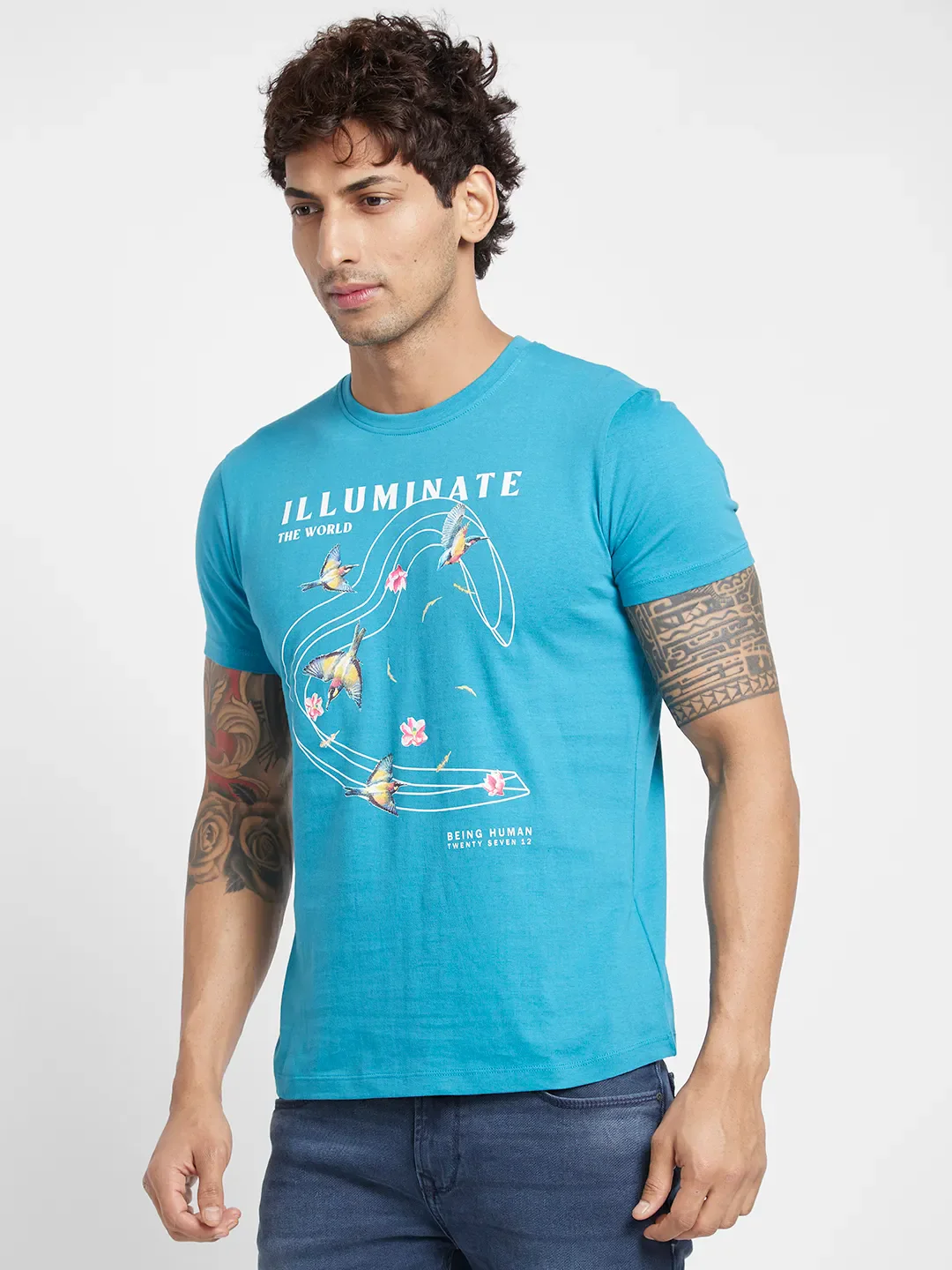 Tile Blue Regular Fit Round Neck Men's T-Shirt by Being Human Clothing - Image 3