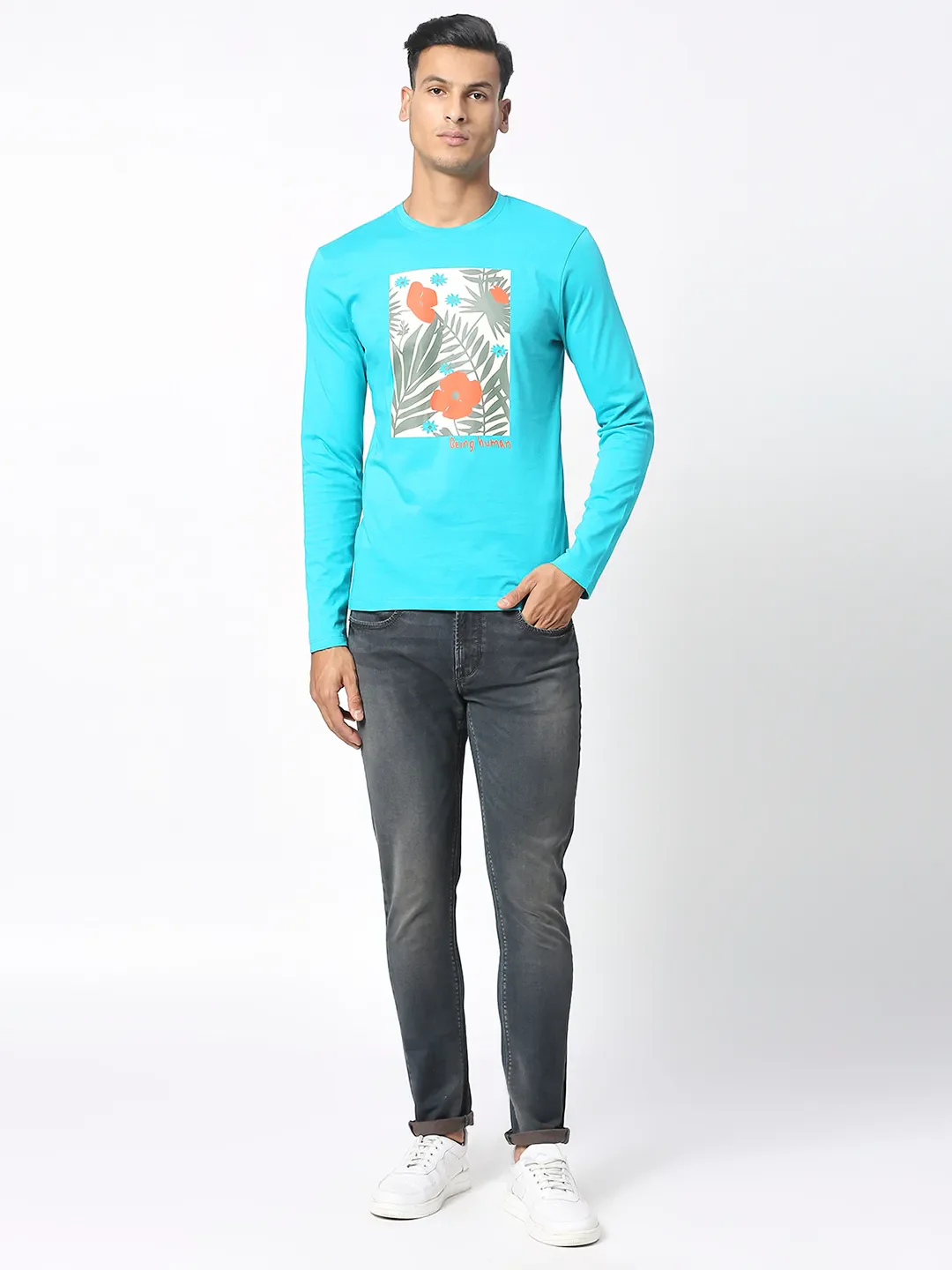 Green Regular Fit Men's Long Sleeves T-Shirt by Being Human Clothing