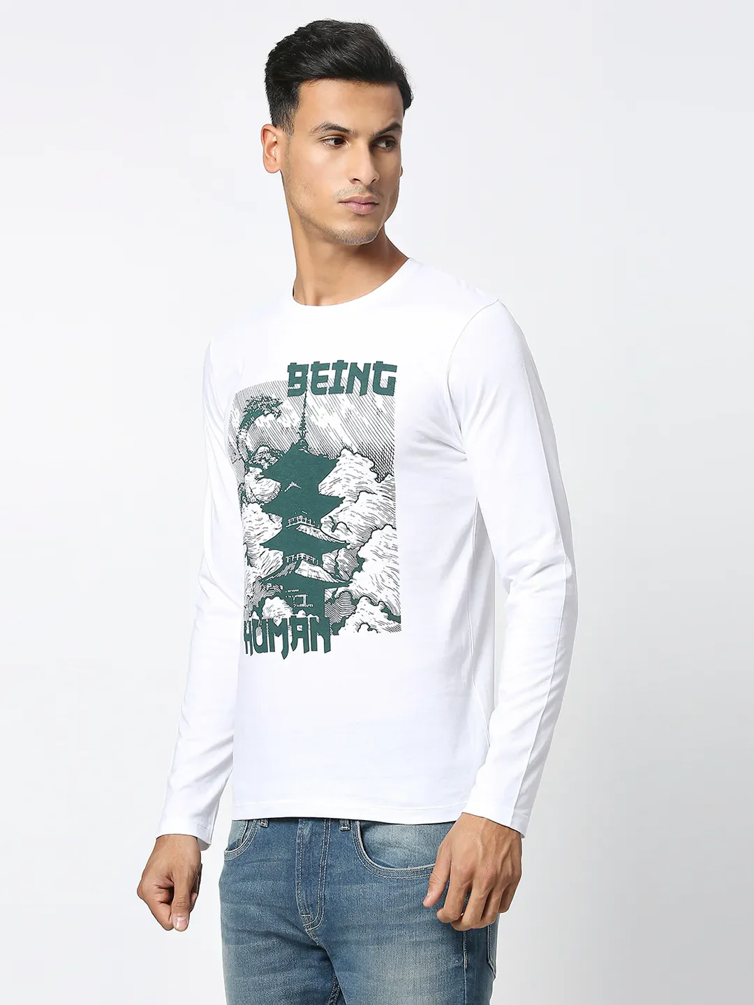 White Regular Fit Men's Long Sleeves T-Shirt by Being Human Clothing - Image 2