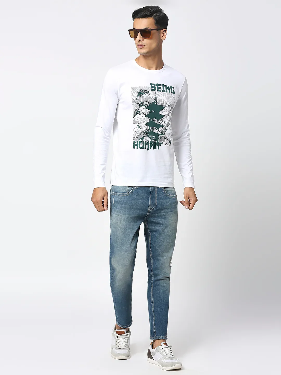 White Regular Fit Men's Long Sleeves T-Shirt by Being Human Clothing - Image 6