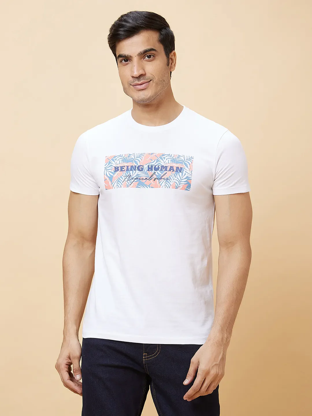 White Regular Fit Men's Short Sleeves T-Shirt by Being Human Clothing